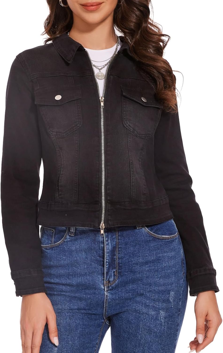 Women's Denim Jackets Zip Up Long Sleeve Basic Trendy Trucker Jackets - Image 3