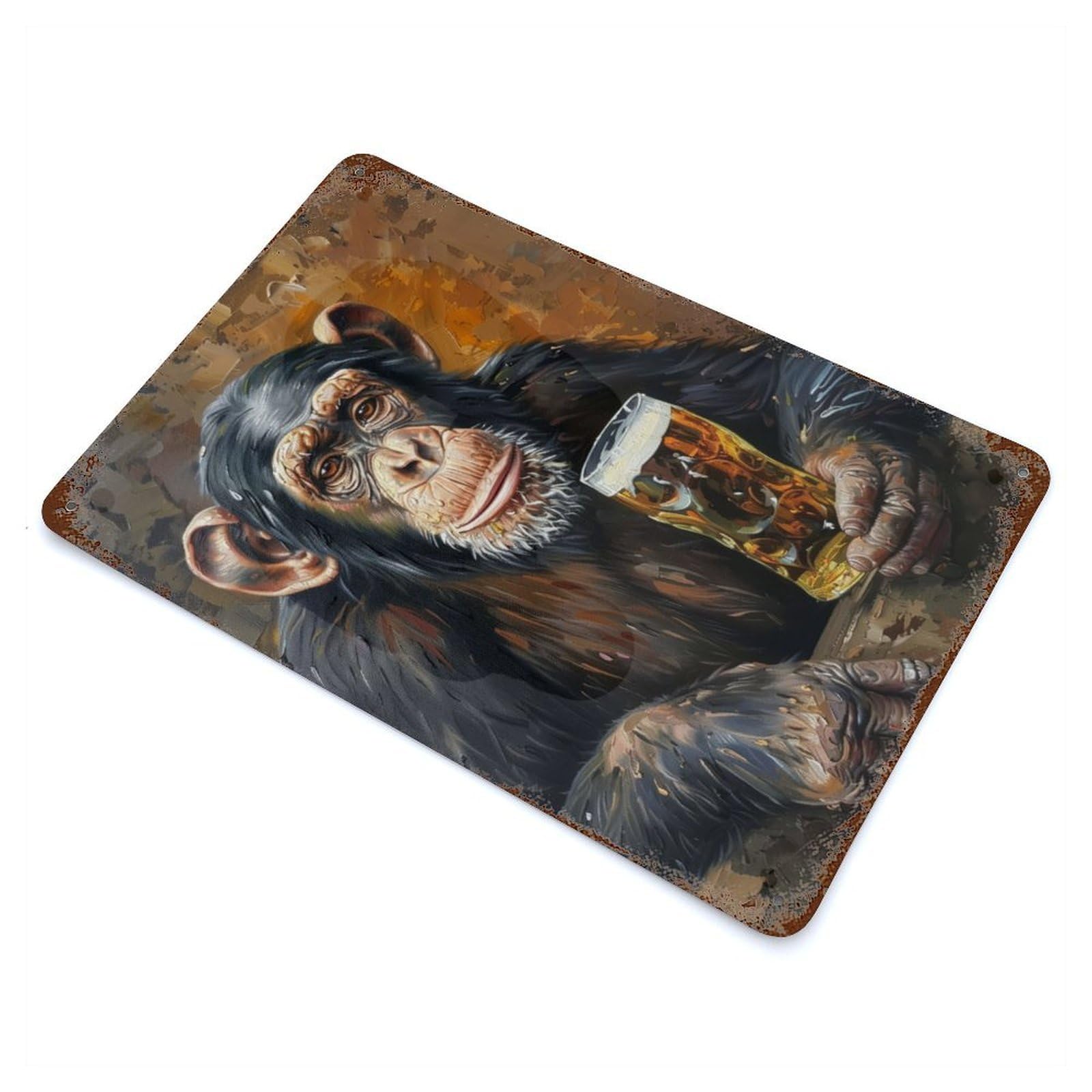 Weathered Tin Sign with Beer Drinking Monkey Design 11.8"x7.9", for Basement, Hobby Room And Garage Decor, Industrial Home Decor