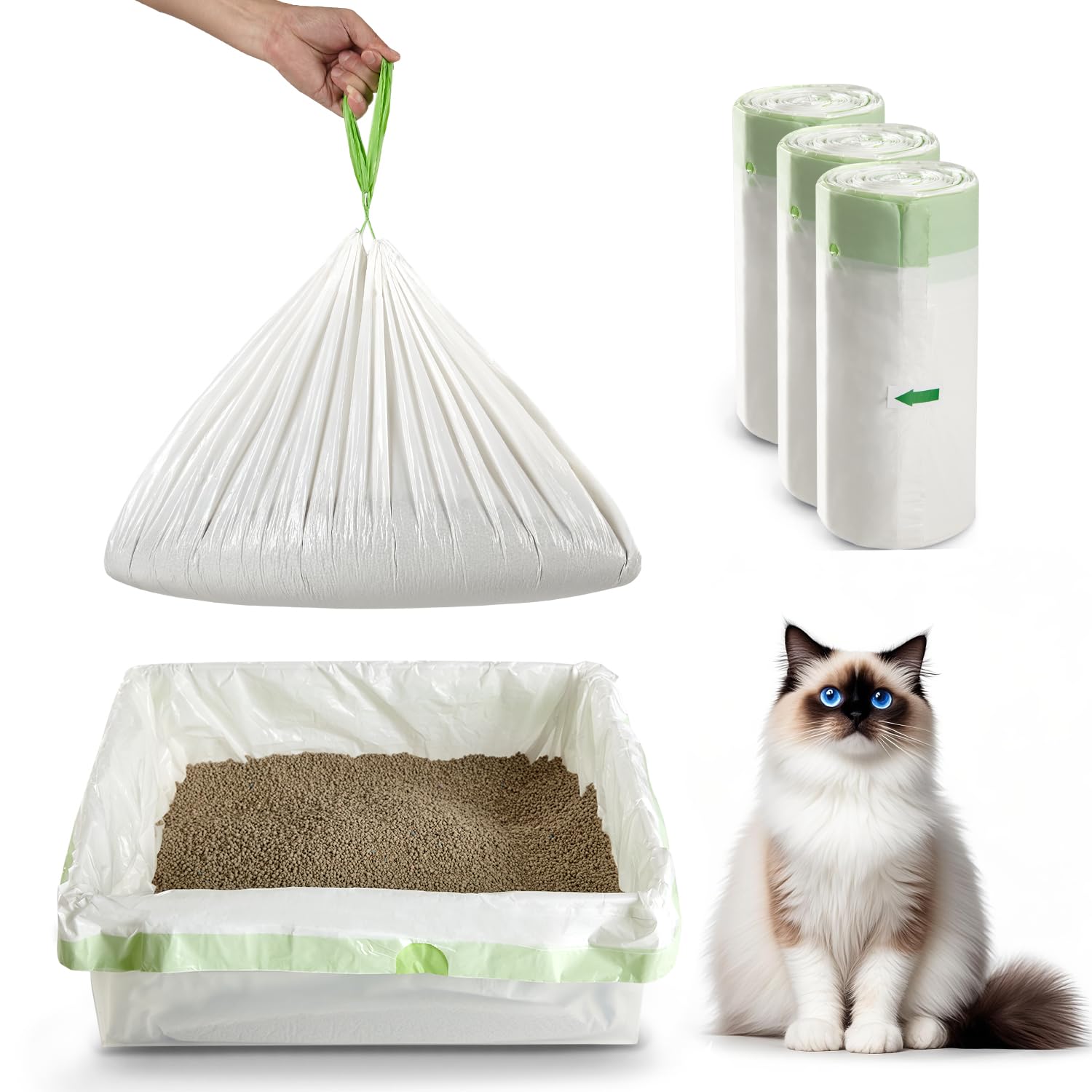 Bolsas de basura para gatos con asas de corbata, grandes, 37 x 17 pulgadas, cordón extra duradero, para caja de arena para gatos, bolsa de arena extragruesa, 36 unidades (paquete de 3)