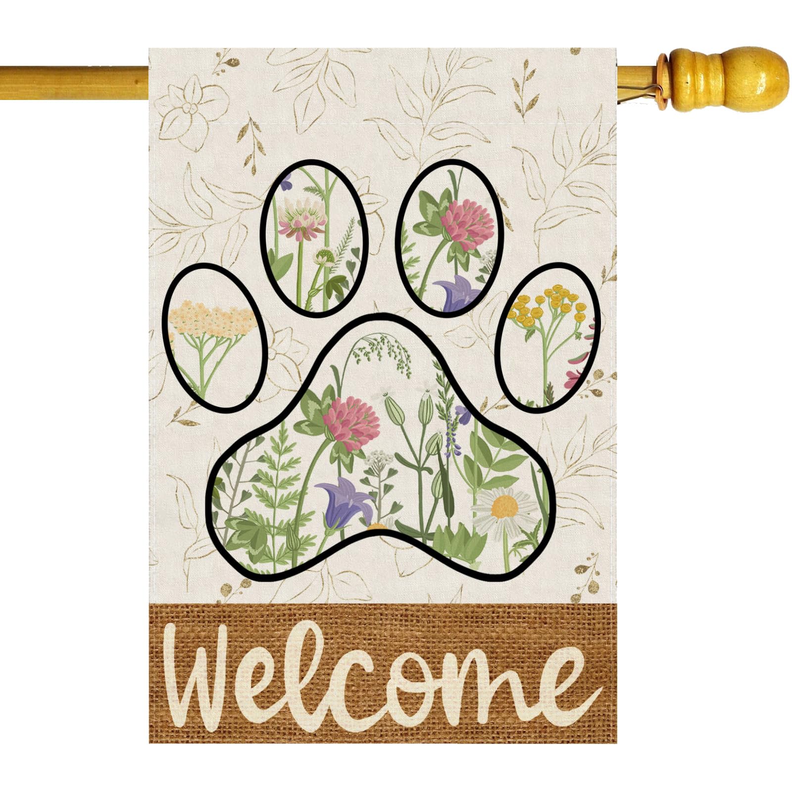 Welcome Dog Paw Large Wildflowers Leaves Spring House Flag Burlap 28X40 Inch Vertical Double Sided Outside Yard Holiday Outdoor Farmhouse Decoration