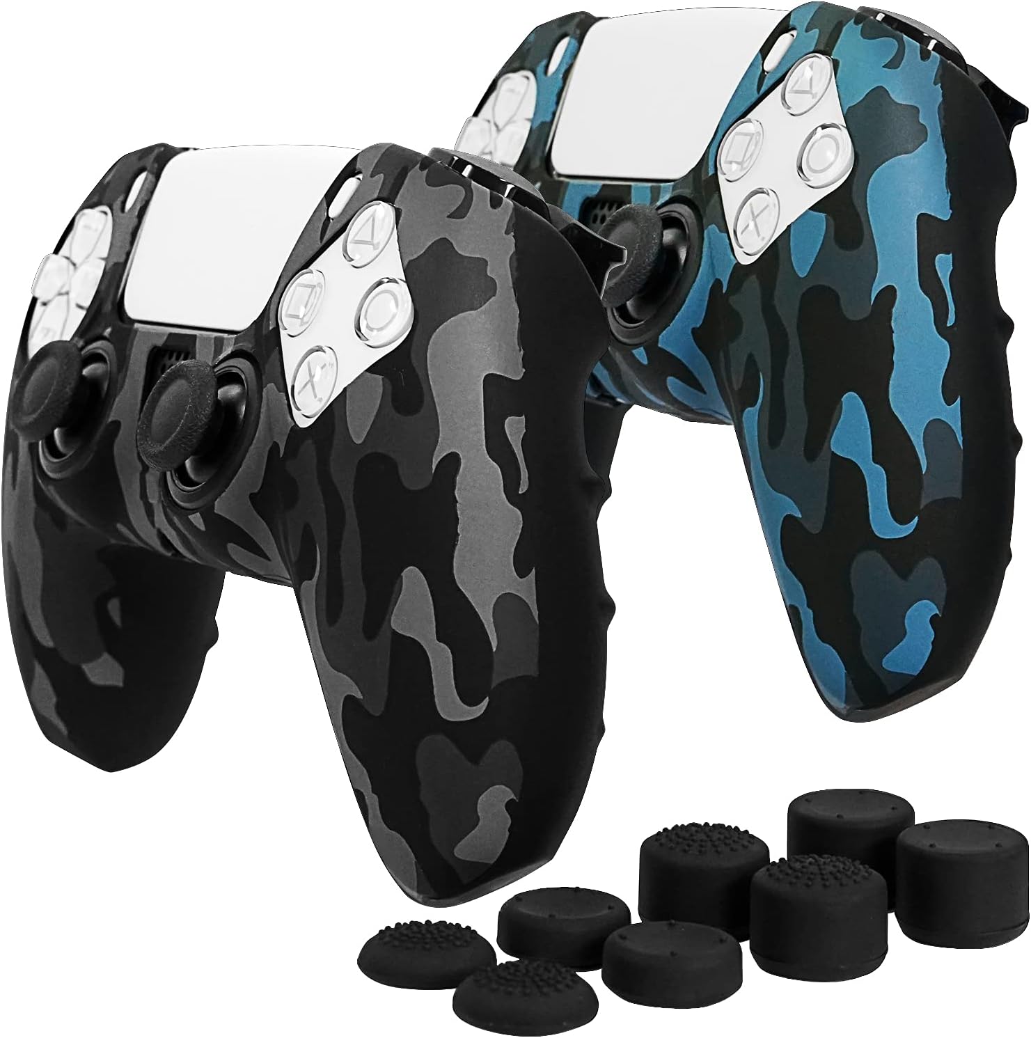 FosmonNon-Slip Silicone Protective Case Compatible with Sony PS5 Controller (2 Pieces – Camo Black/Blue) Anti-Sweat Case Cover with 8 Pro Thumb Caps