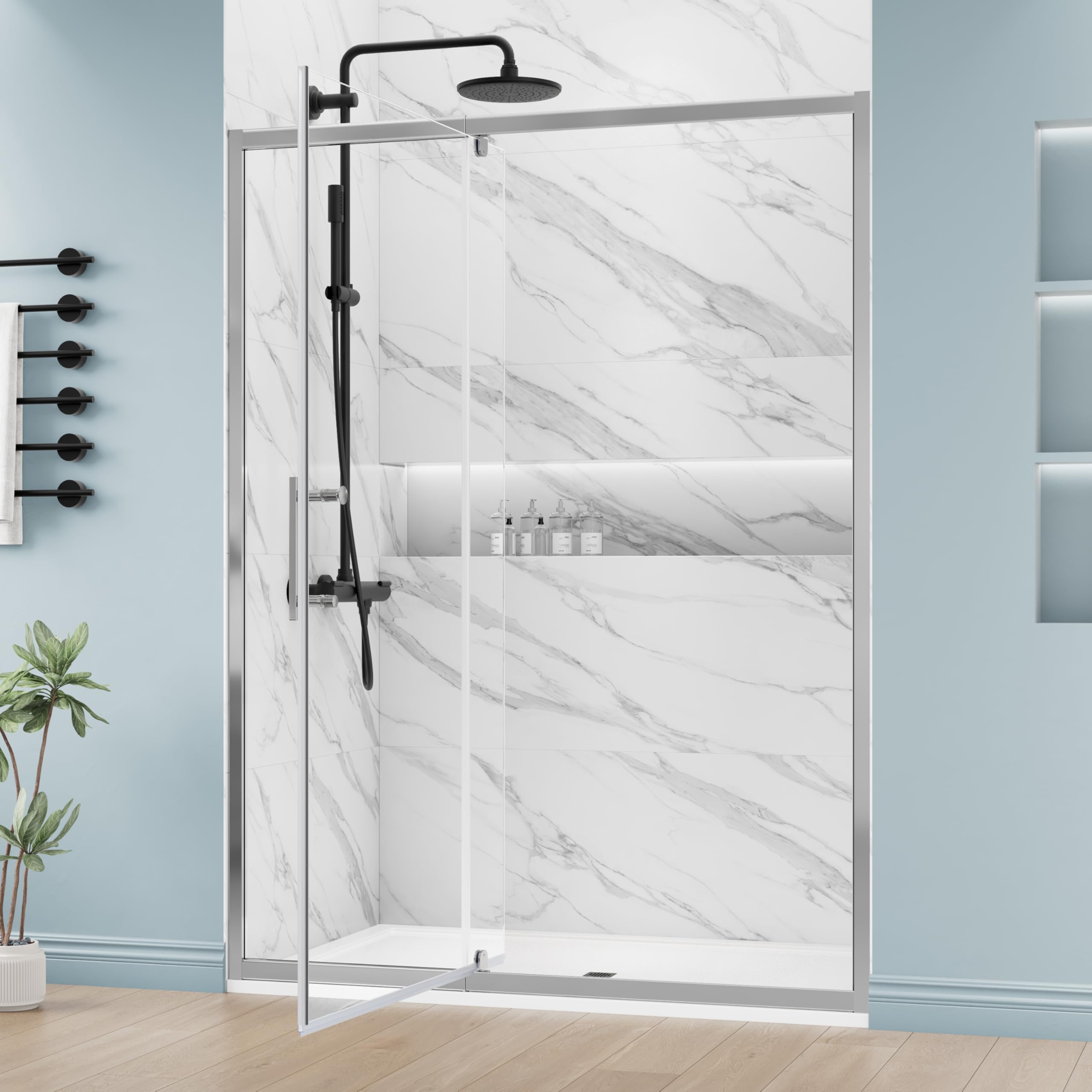 DELAVIN 56-60.in W x 72.in Semi-Frameless Pivot Shower Door