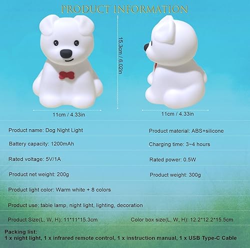 Miniatura 9 de Luz nocturna de perro de gran tamaño para niños, luces nocturnas para niños, linda lámpara de animales de cachorro de 9 colores cambiantes para