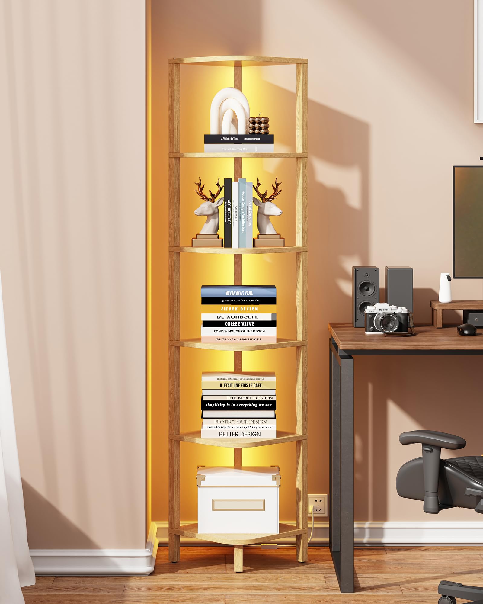 Photo 1 of TUTOTAK Corner Shelf with LED Light, 6-Tier Corner Bookshelf for Small Space, Narrow Display Corner Shelf Stand with Storage Rack, for Living Room, Bedroom, Natural BS08BN006L