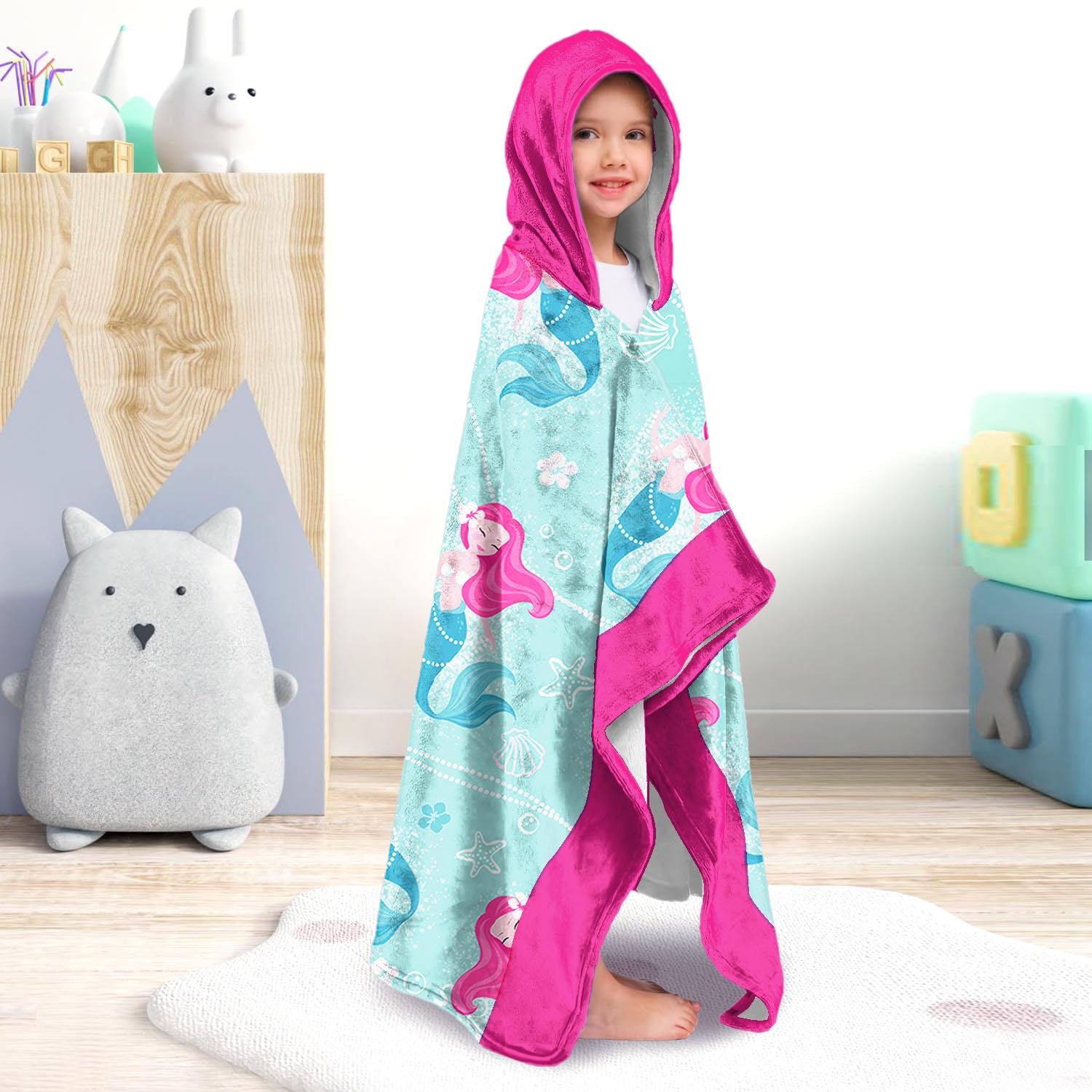 Meerjungfrau Mädchen Strandtuch mit Kapuze für Kinder Kleinkinder Alter 4-8 Jahre Rosa Blau Badetücher Duschtuch für Mädchen Kapuzenponcho Stranddecke für Pool Schwimmen Niedliches tragbares