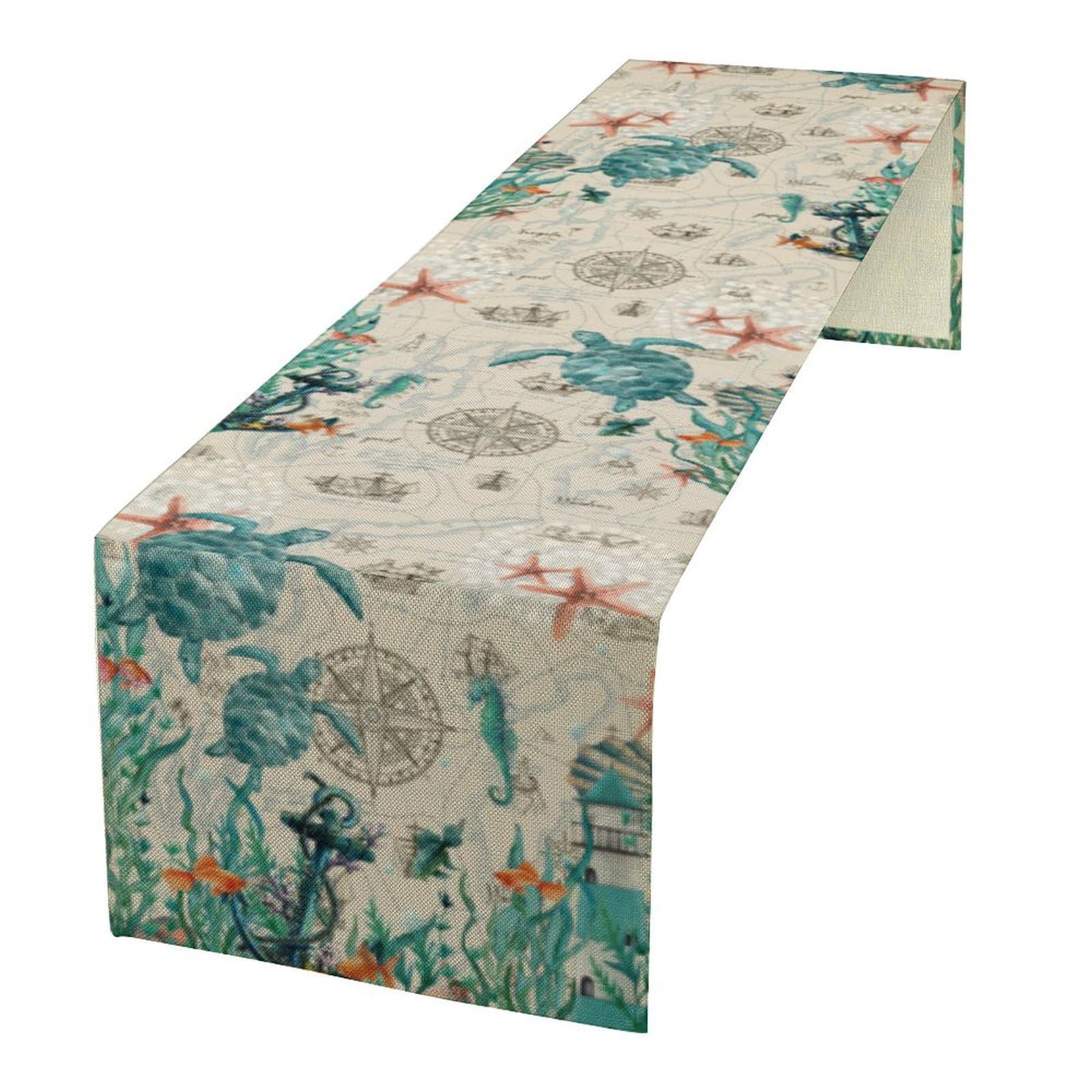 Sea Turtles Table Runner,Beach Nautical Ocean Starfish Seashell Seahorse Table Runner Decor for Dinning Room Kitchen 13X36Inches