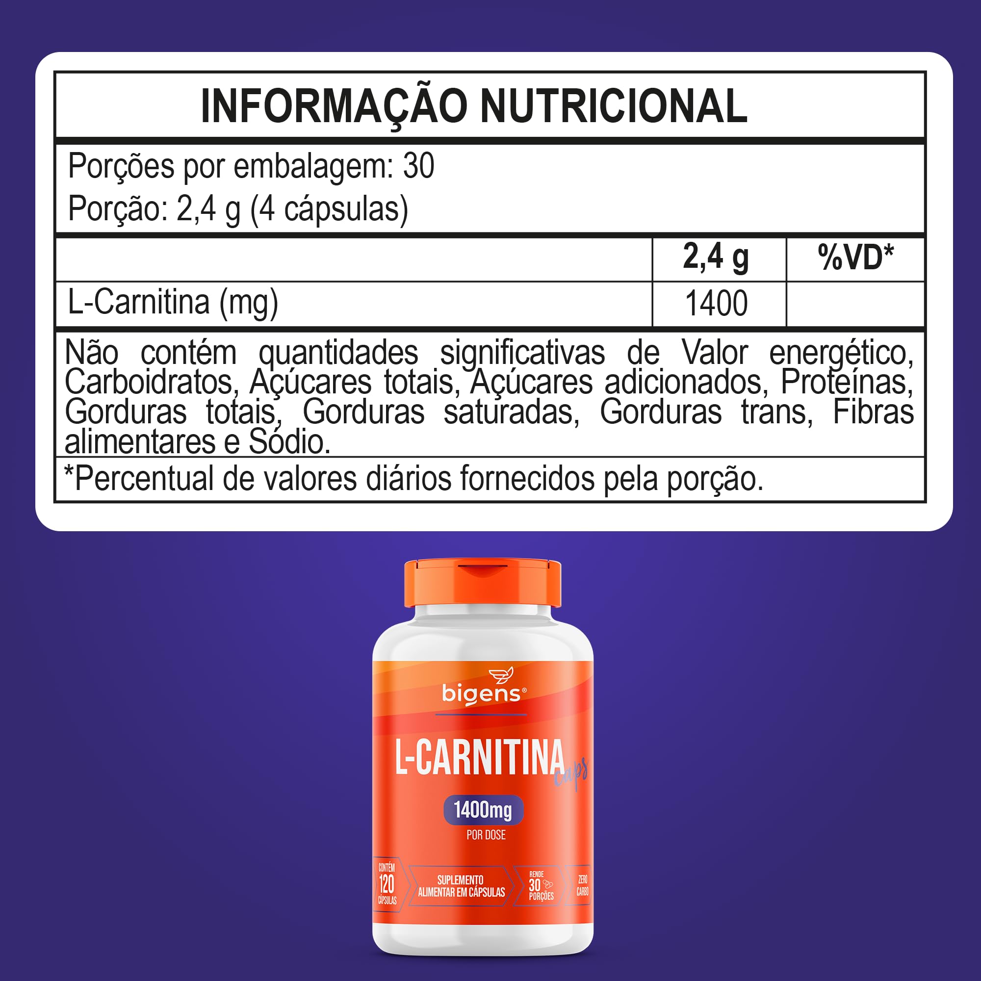 L-Carnitina, 1400mg por dose, 120 Cápsulas, Zero Carboidratos, Bigens (Kit  2)