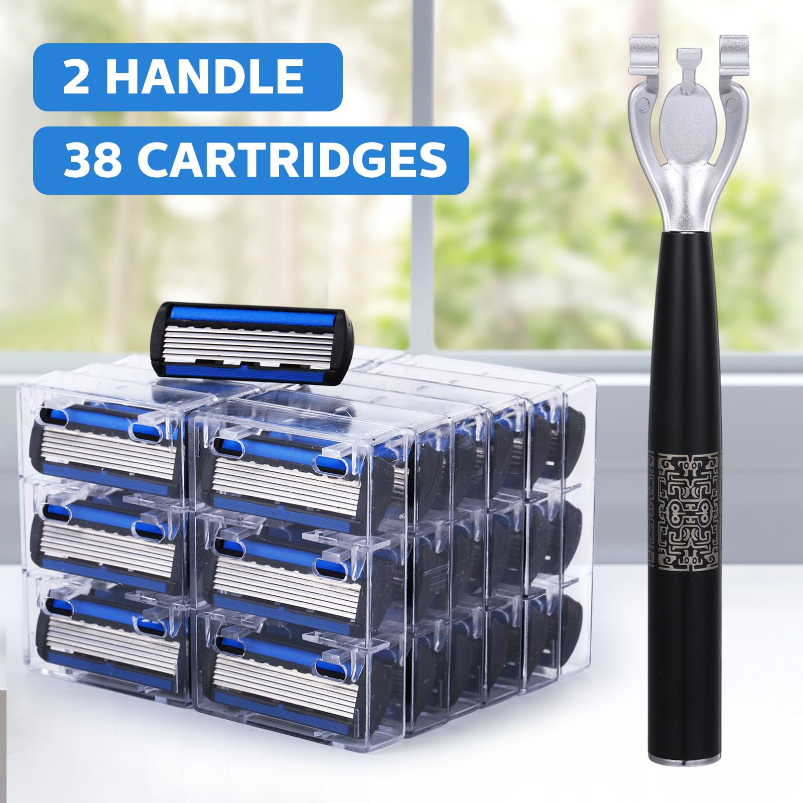 Leriton 40 Pcs Disposable Men's Razors Set 6-blade Sensitive Skin Refillable Razor Kit for a Comfortable Shave, 2 Handles and 38 Cartridges