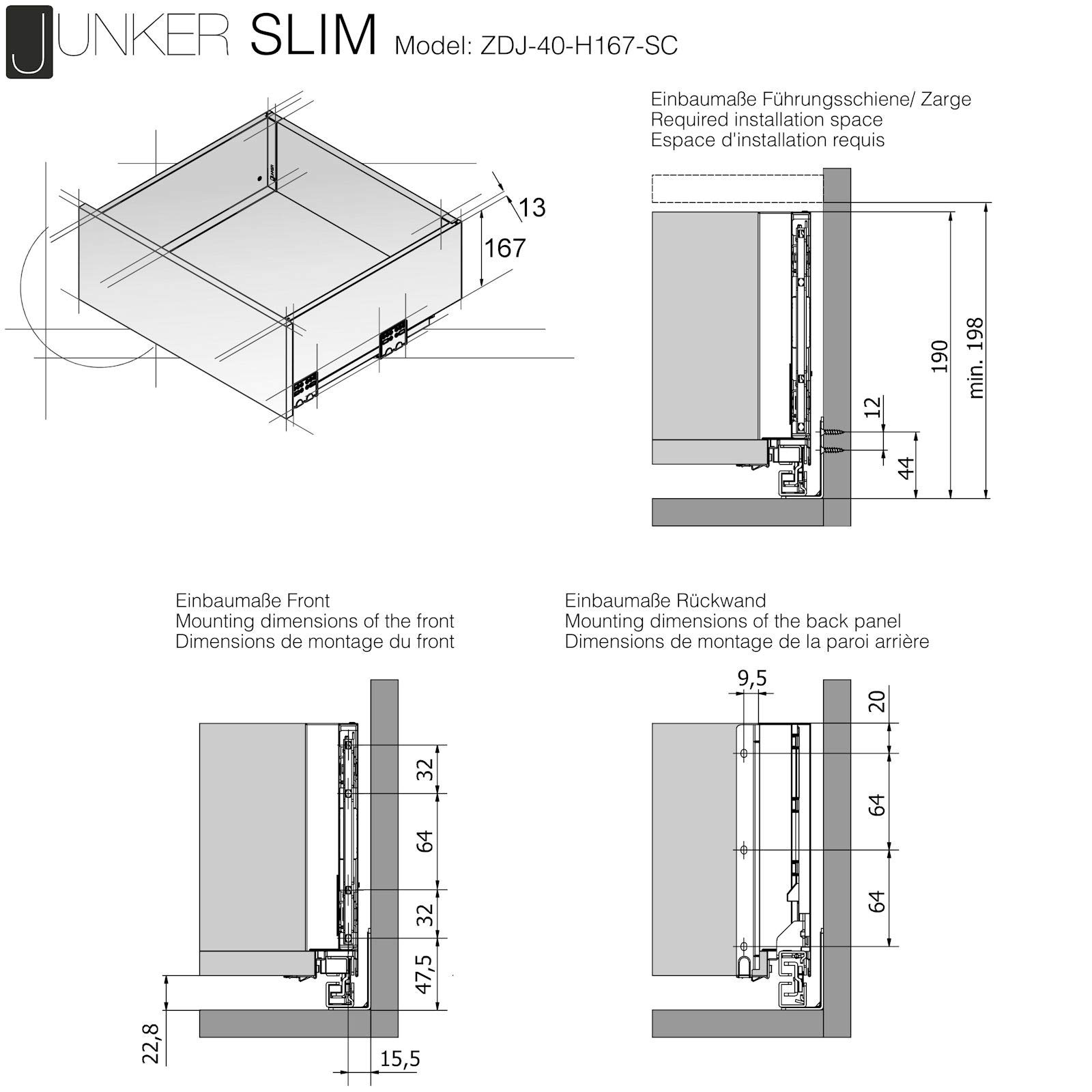 Schubkastensystem JUNKER-SLIM weiß Höhe: 167 mm Tiefe: 500 mm Soft-Close
