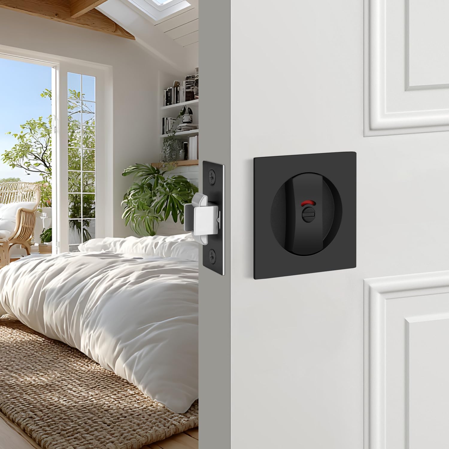 EHOMEWARE 2 Pack Matte Black Pocket Door Hardware, Keyless Privacy Pocket Door Handles, Pocket Door Latch with Red-Green Indicator, Square Recessed Door Handle for Sliding/Bifold Doors