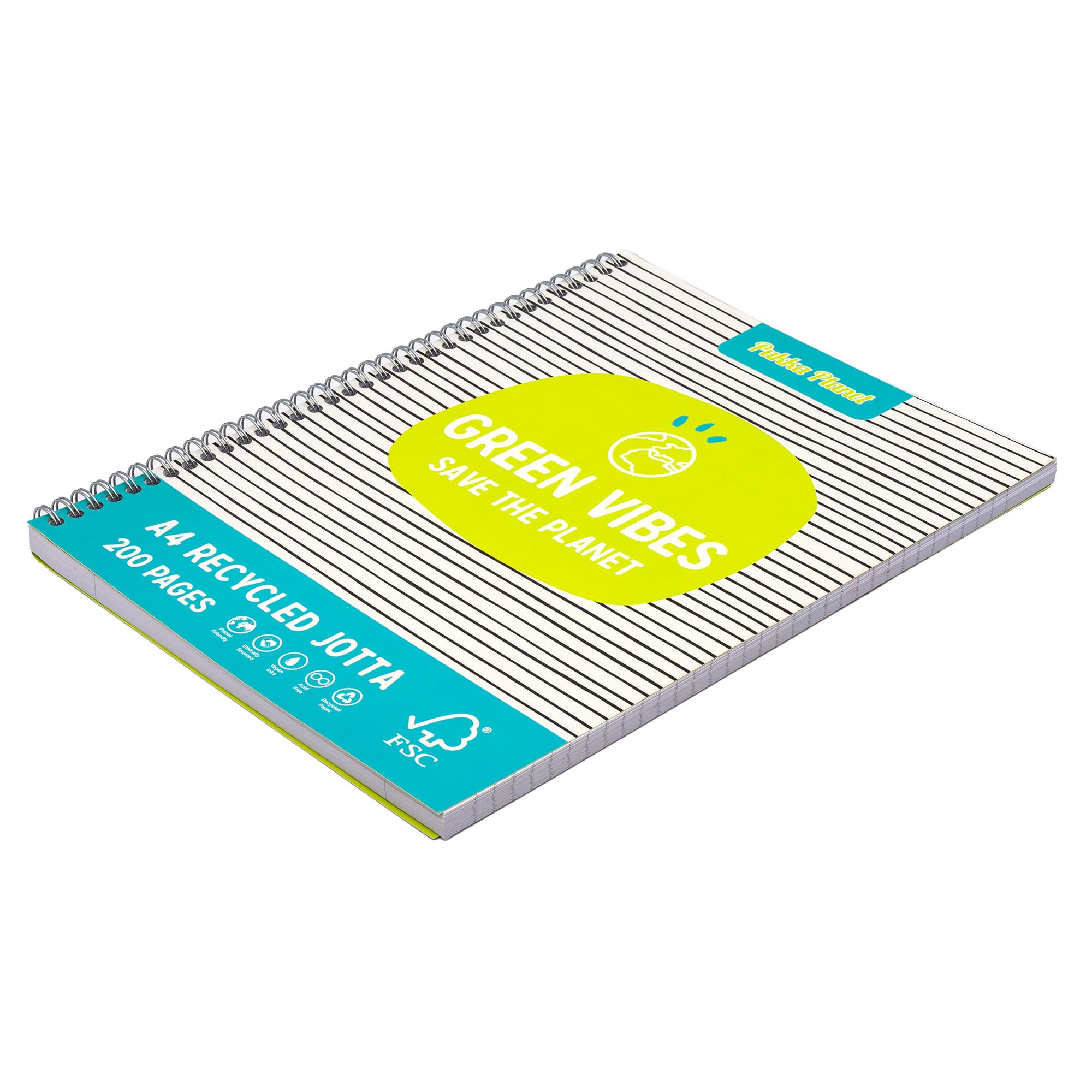 Pukka Planet Jotta - Confezione da 3 quaderni in 2 motivi assortiti con 200 pagine, 100 fogli di carta FSC a righe 80 g/m² con margini perforati a 4 fori, rilegatura a spirale argentata, completamente