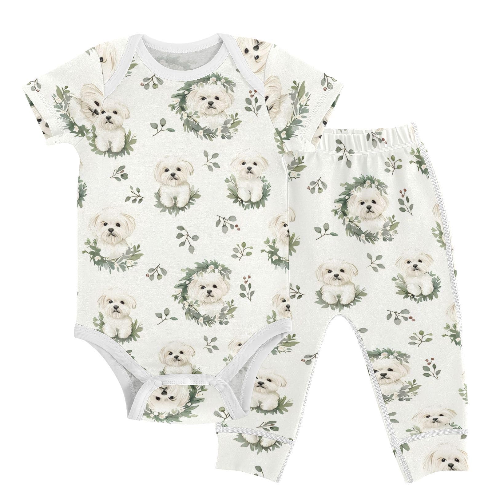 vvfelixl Cartoon Maltese Dog Wear Wreath Baby Bodysuits Set,Baby Layette Sets Unisex Short Sleeve Babys Pants Sets 6-9M