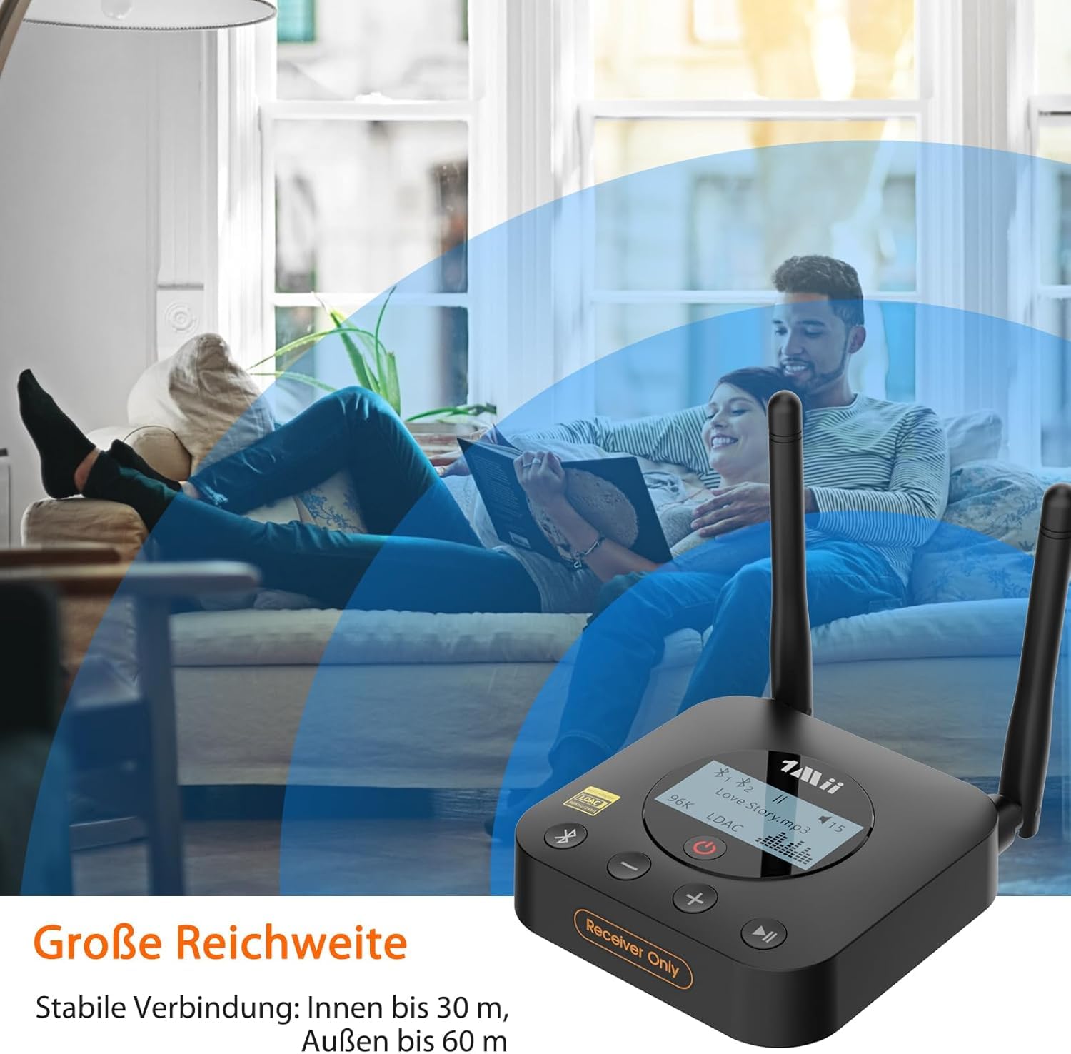 1Mii B06Pro+ Bluetooth 5.3 Empfänger für Stereoanlage, Kabelloser HiFi Audio Adapter mit LDAC & aptX HD, LCD Display & Lautstärkeregler, Optisch & 3,5 mm AUX für Lautsprecher