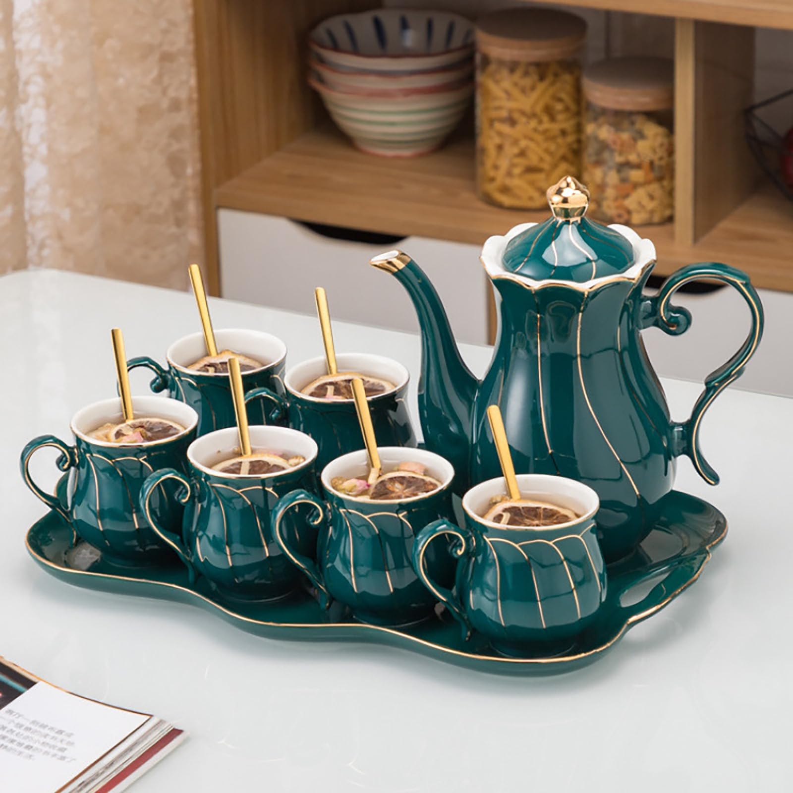 Europejski zestaw filiżanek do herbaty, pozłacana ceramika, z tacą, łyżką i pudełkiem prezentowym, europejski ceramiczny zestaw na herbatę (6 filiżanek + 6 łyżek + 1 garnek + 1 taca), zielony (płaski)