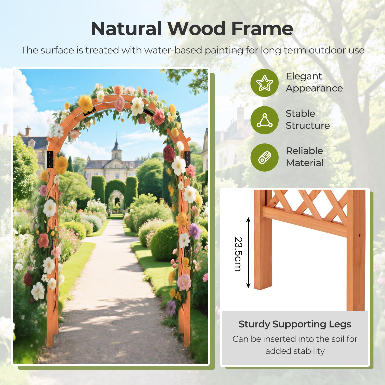 GOPLUS Rosenbogen aus Holz, 235 cm Gartenbogen für Kletterpflanzen, Torbogen mit Bogendach & Rankgitter, Rankkenbogen Pergola Hochzeitsbogen für Garten, Terrasse & Rasen Dekoration