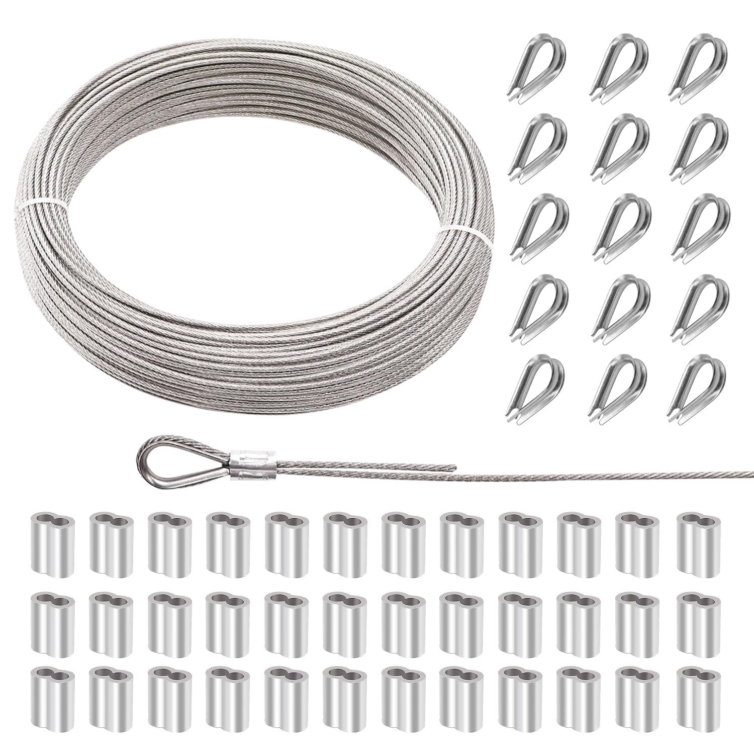 mankk 130ft Cable Wire Rope 1/16" Wire Rope Kit with 40Pcs Aluminum Crimp Sleeves and 15Pcs Stainless Steel Thimble for Deck Railing Porch Stair Hanging M-113-40M-M1.5-56PCS