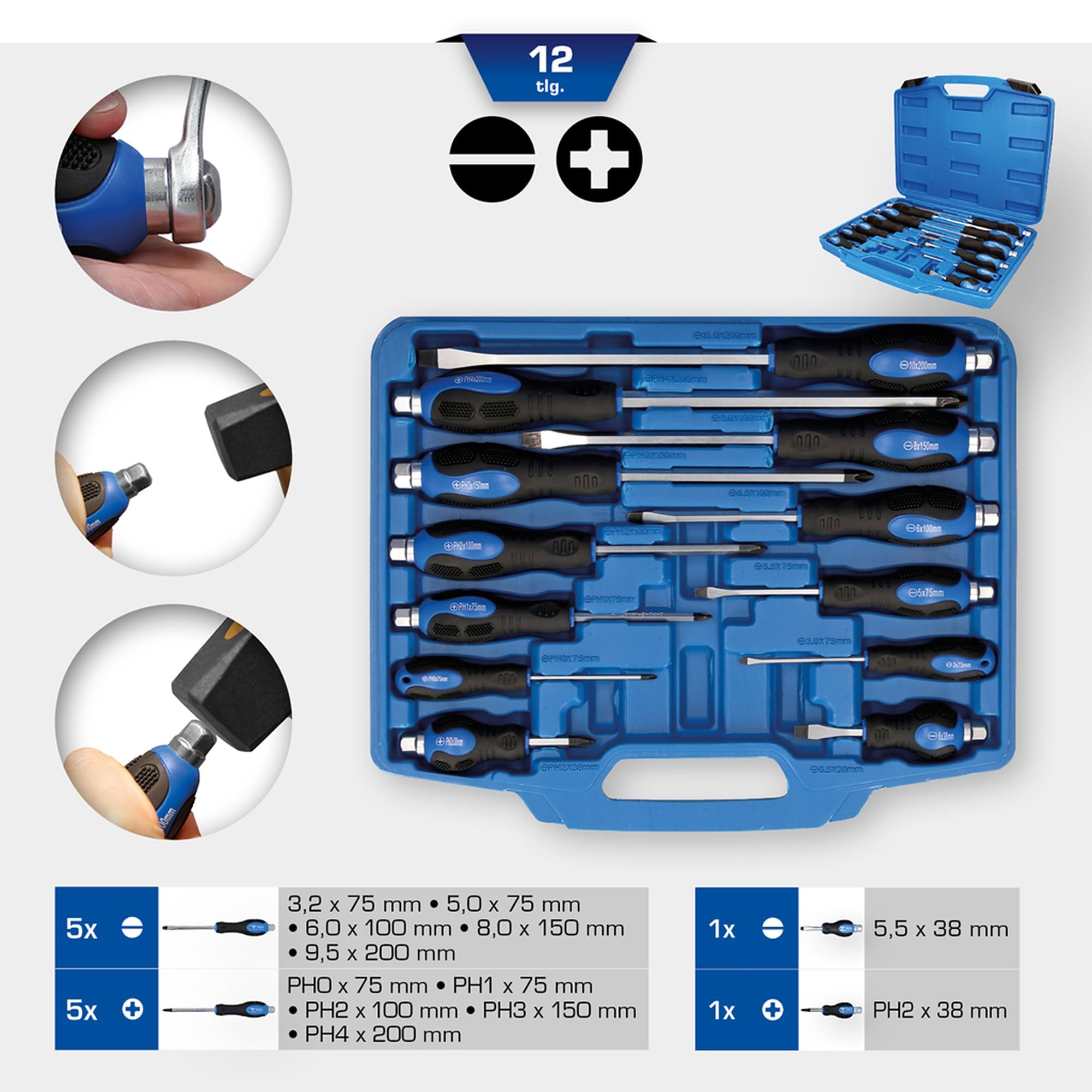 BRILLIANT TOOLS BT034012 Schraubendreher-Satz mit Schlagkappe, 12-tlg. Schlitz/PH [Powered by KS TOOLS]