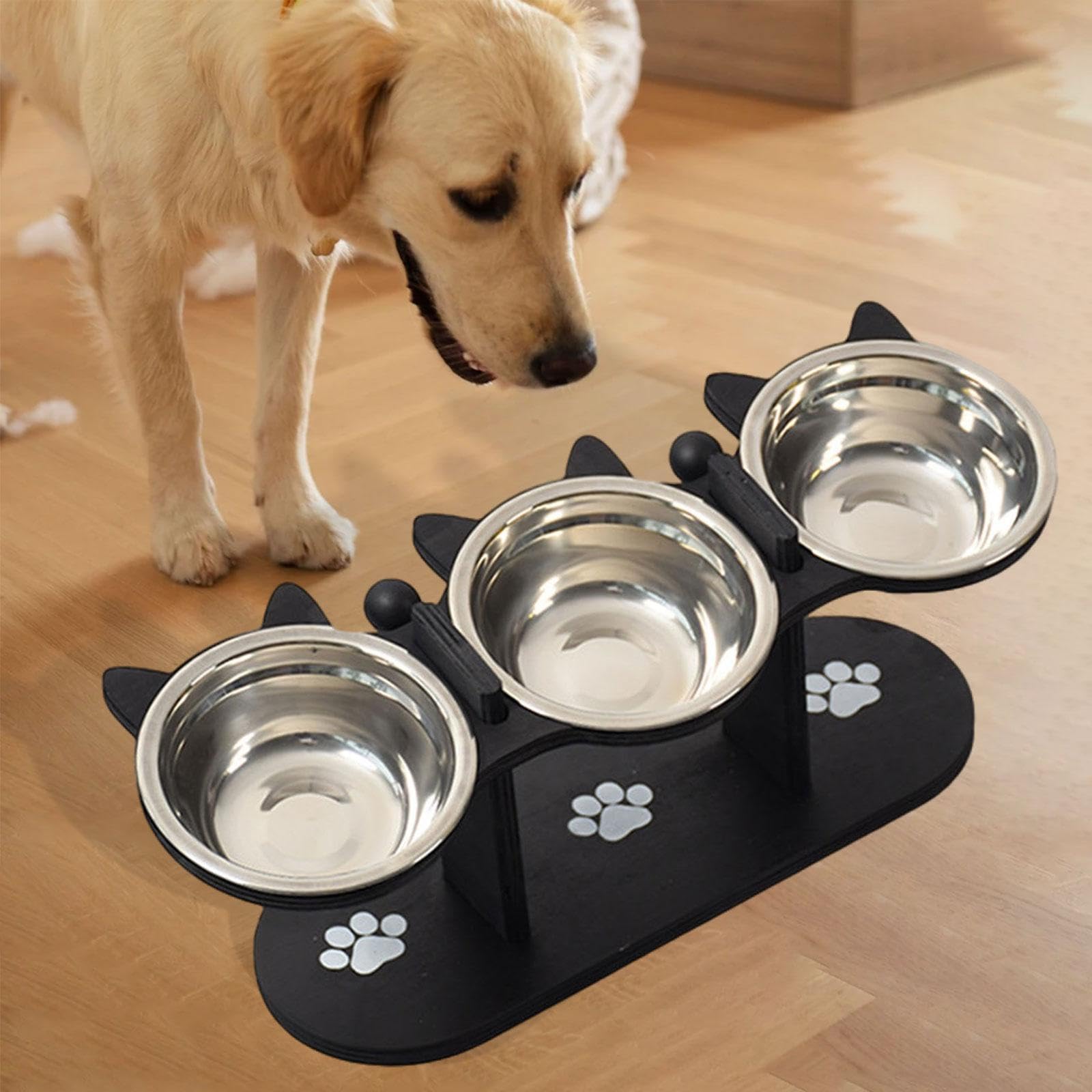 1 Cuenco Elevado para Gatos Y Perros Doble Función con Soporte de Madera Y Recipientes de Acero Inoxidable Removibles Adecuado para Mascotas, Negro, Individual