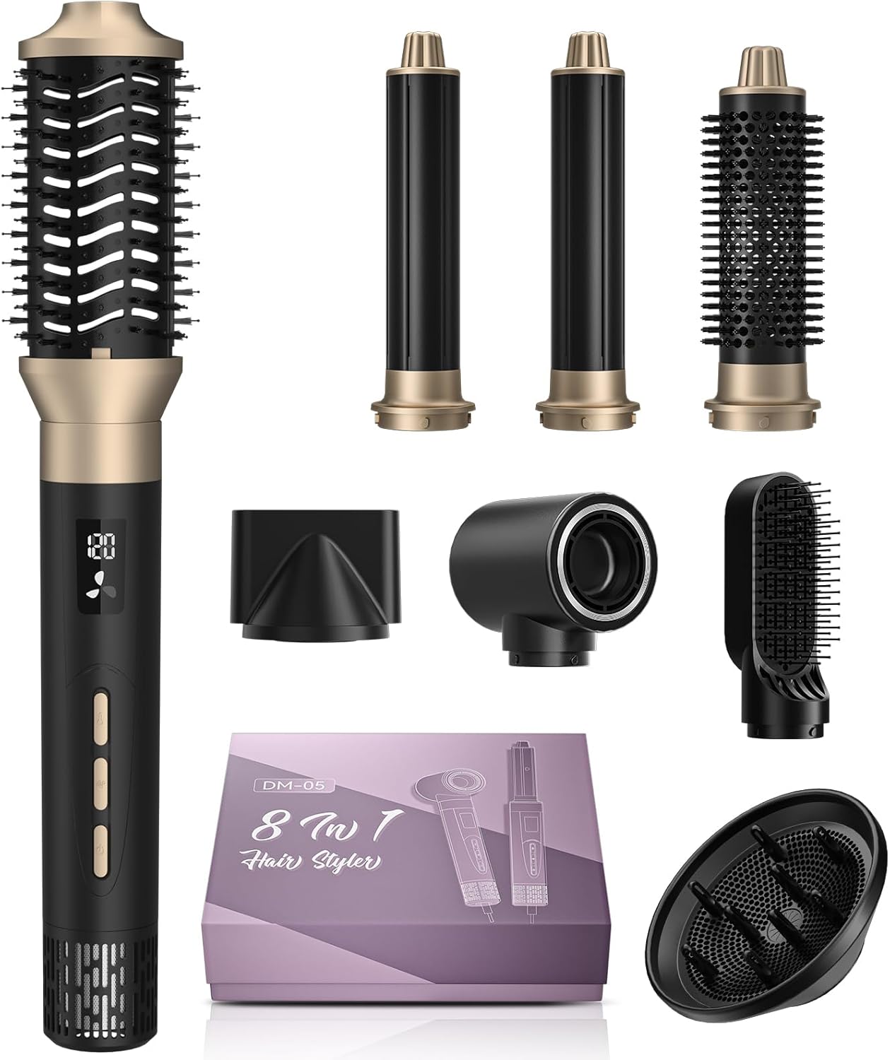 8 in 1 Hair Dryer Brush with Auto‑Curl Chamber – Hot Air Styler & Volumizer, Hair Styler & Dryer in One, Ceramic Ionic Barrel, LCD Temp & Airflow Display