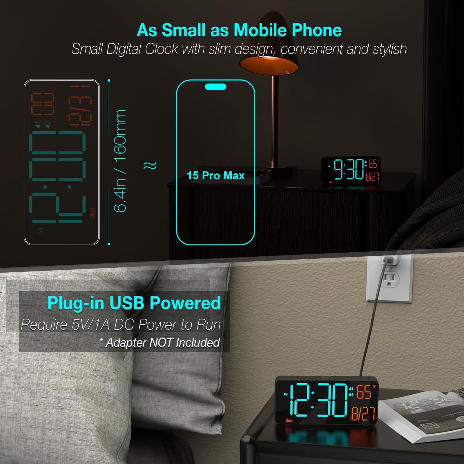 KOSUMOSU Digital Clock for Bedroom 6.7in Alarm Clocks for Living Room, Auto Dimming,Date,Week,Seconds,Indoor Temperature, Small Digital Alarm Clock for Classroom,LED Alarm Clocks for Bedrooms
