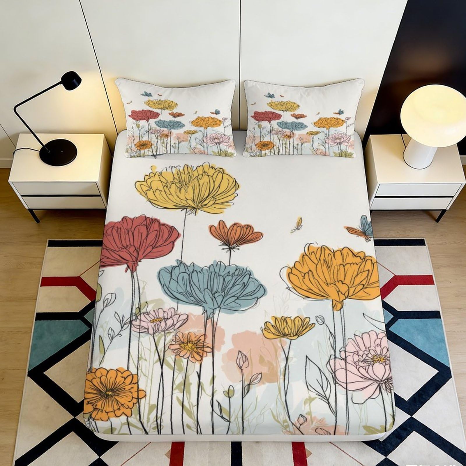 3D Printed Watercolor Floral Fitted Sheet Microfiber Anti-Slip Mattress Cover for Bedroom Dorm Colorful Botanical Decor 120x200cm 180x200x25cm
