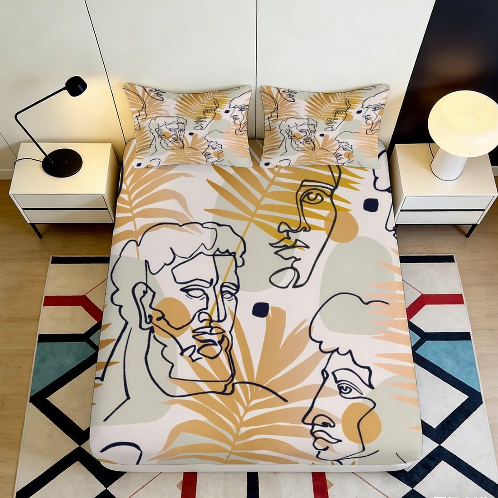 3D Printed Abstract Portrait Fitted Sheet Microfiber Elastic Hem Bedroom Bedding Set Abstract Design Mattress Fitted Cover Deep Pocket Washable for Adults 140x200x25cm