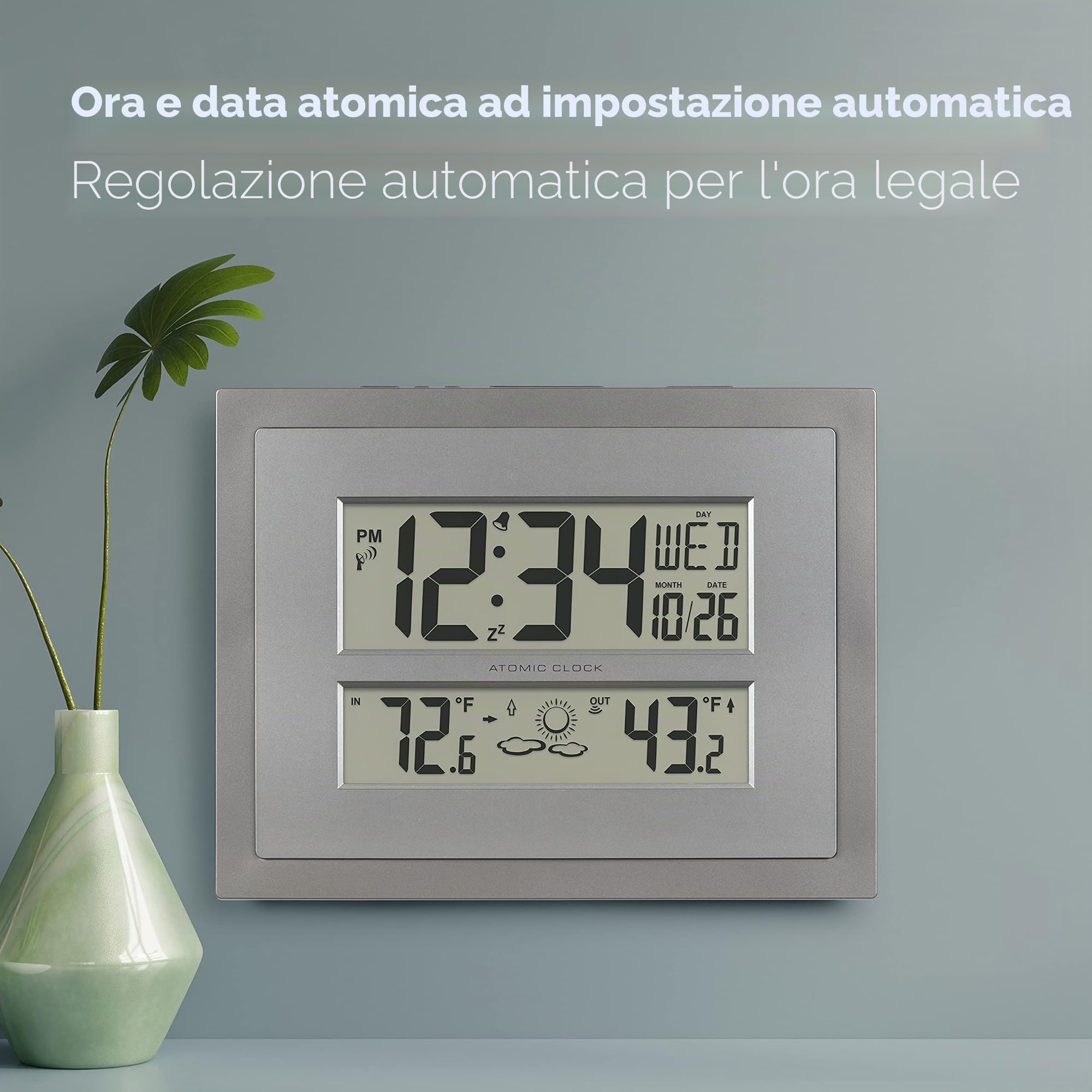 La Crosse Technology 512-85937-INT Orologio da parete digitale atomico con temperatura e previsioni in grigio/argento