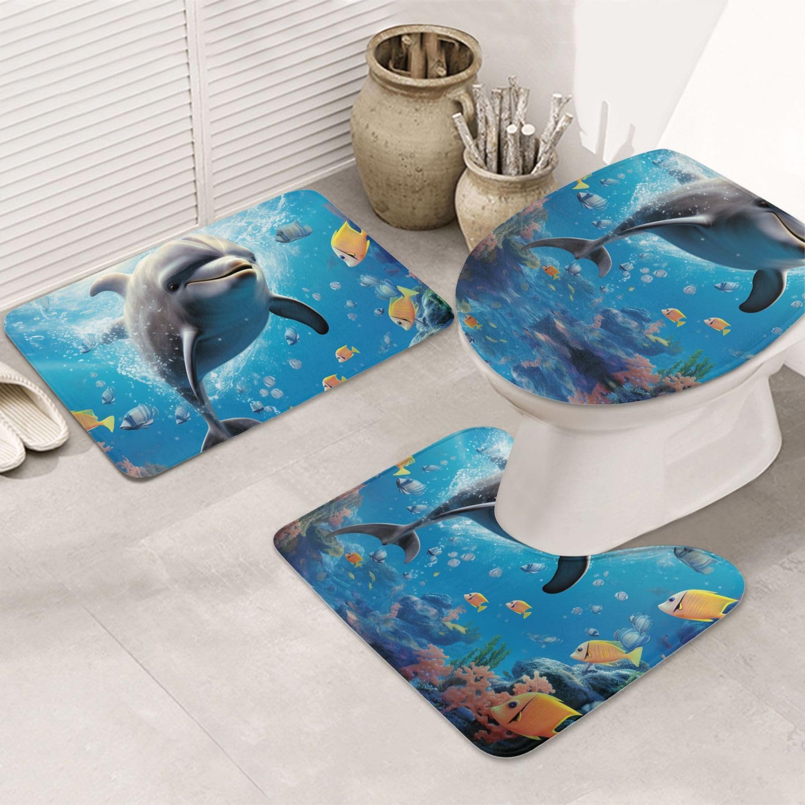 Set di 3 tappetini da bagno con delfino, in flanella, morbida, antiscivolo, con coperchio, decorazione per la casa