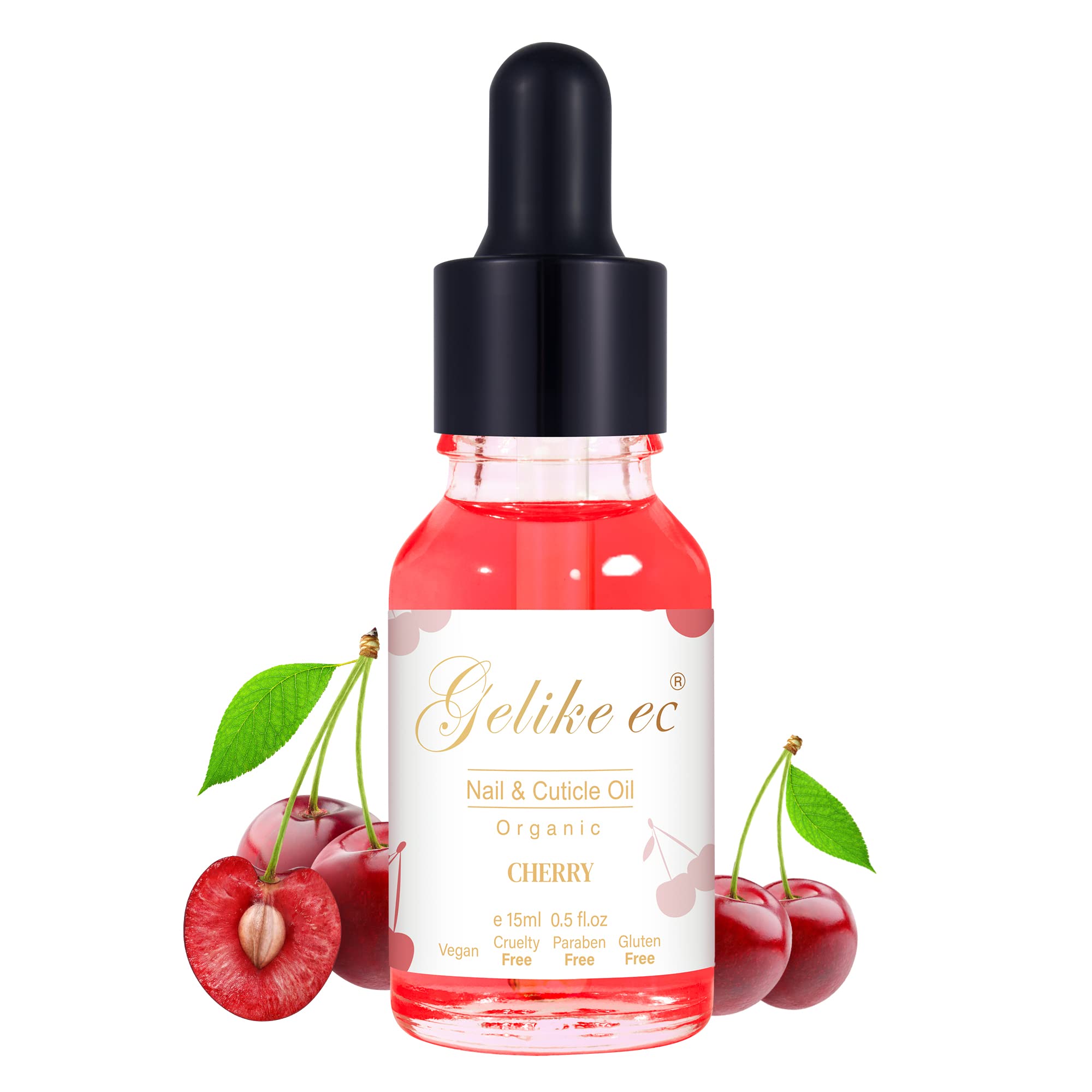 Gelike ec Organic Cuticle Nail Oil 15ml Vitamin B& E Essential Oil Moisturize with Convinient Dropper Design, Nail Cuticles Oils Treatment Damaged Dry for Nail Care Repair Growth (cherry)