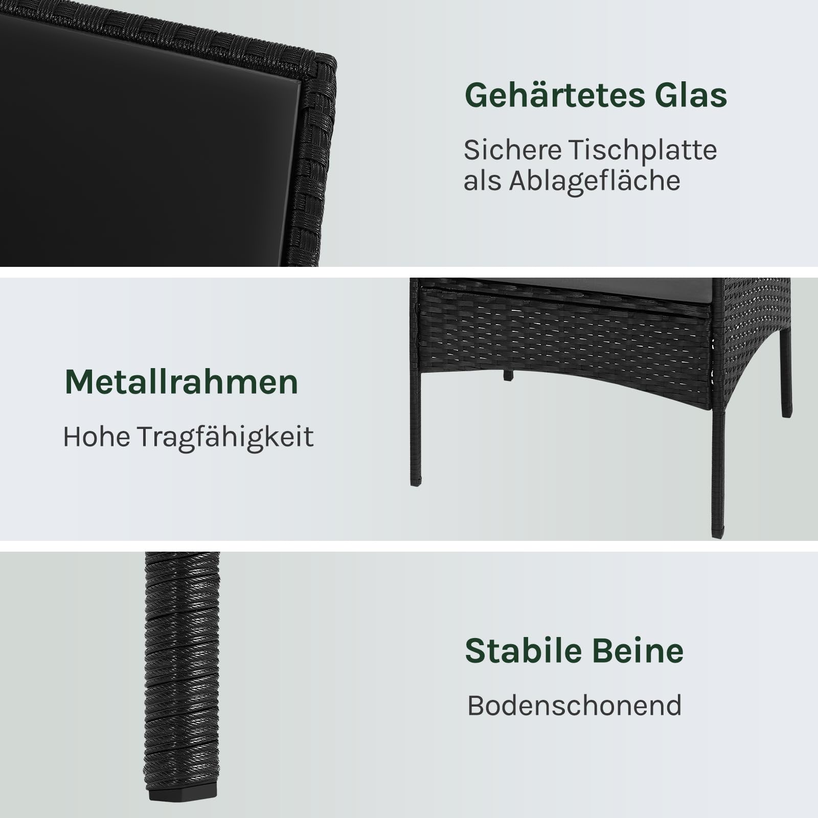 WOLTU Gartenmöbel 4-teilig Set mit 1 Sofa, 2 Sessel, 1 Couchtisch und Kissen Lounge-Möbel Outdoor 2-Sitzer-Bank mit Glas Gartentisch Terrassenmöbel Wetterfest für Garten, Terrassen, Balkon, Schwarz