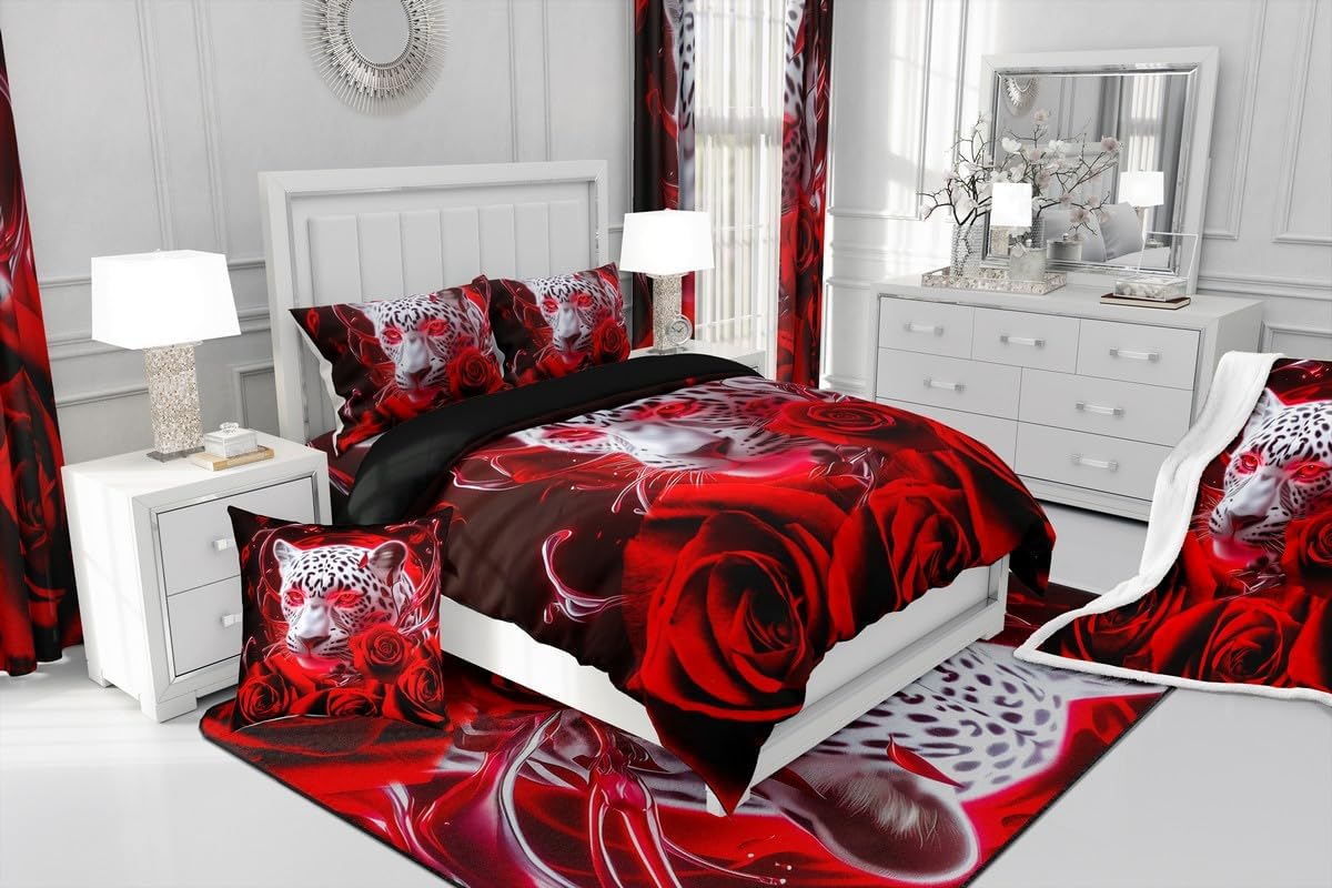 Feelyou Kids Red Rose Leopard Comforter Set Queen Size Wild Animal Printed Bedding Set for Teens Boys Girls Leopard Comforter Microfiber Bed Set
