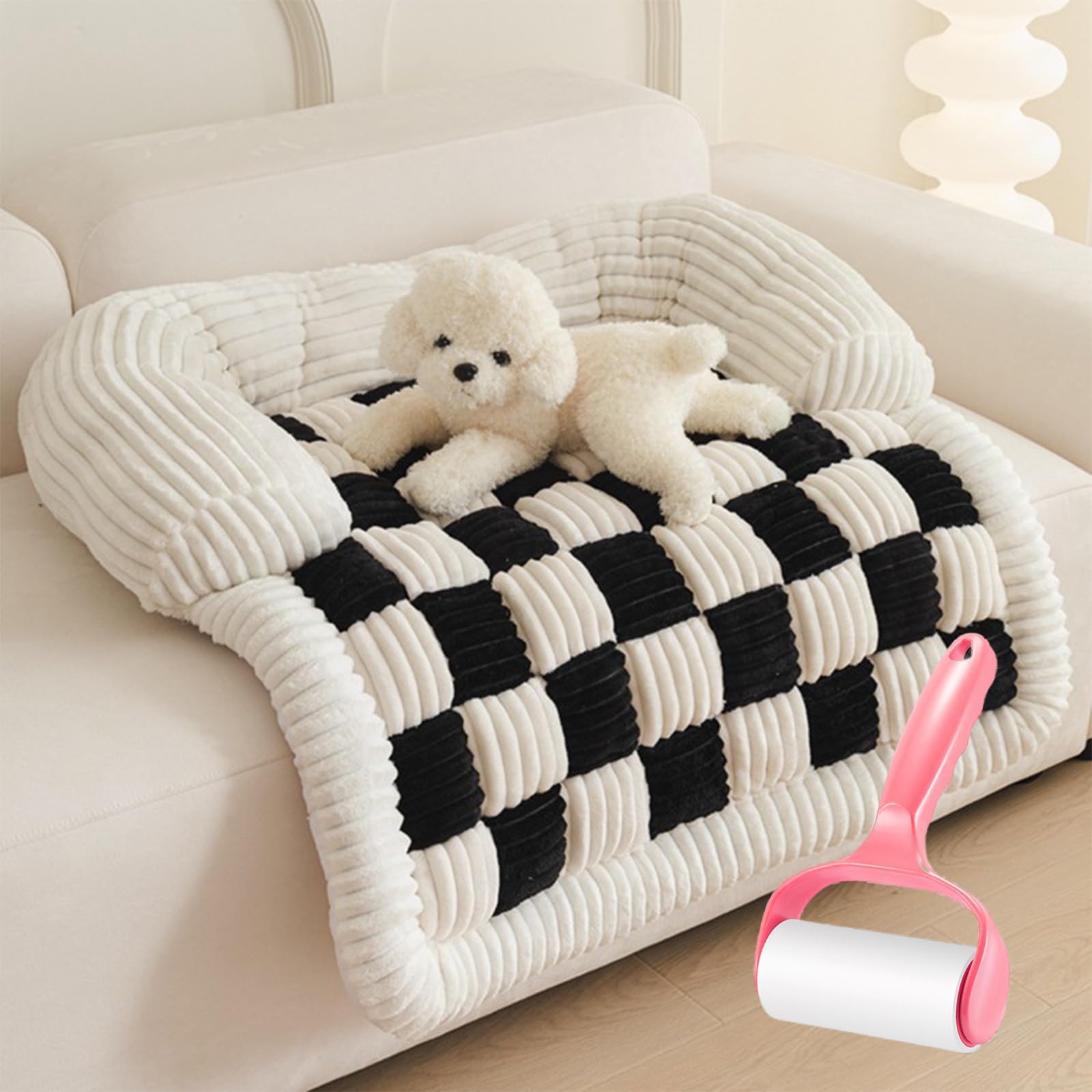 KPFTD Funny Calming Dog Sofa Bed Mat,Fluffy Fuzzy Calming Dog Bed Sofa Protector Pet Mat,Couch Cover Funny Fuzzy,Funny Fuzzy Pet Couch Covers For Sofa (70 * 70 cm(27.5 * 27.5 IN),Black White)