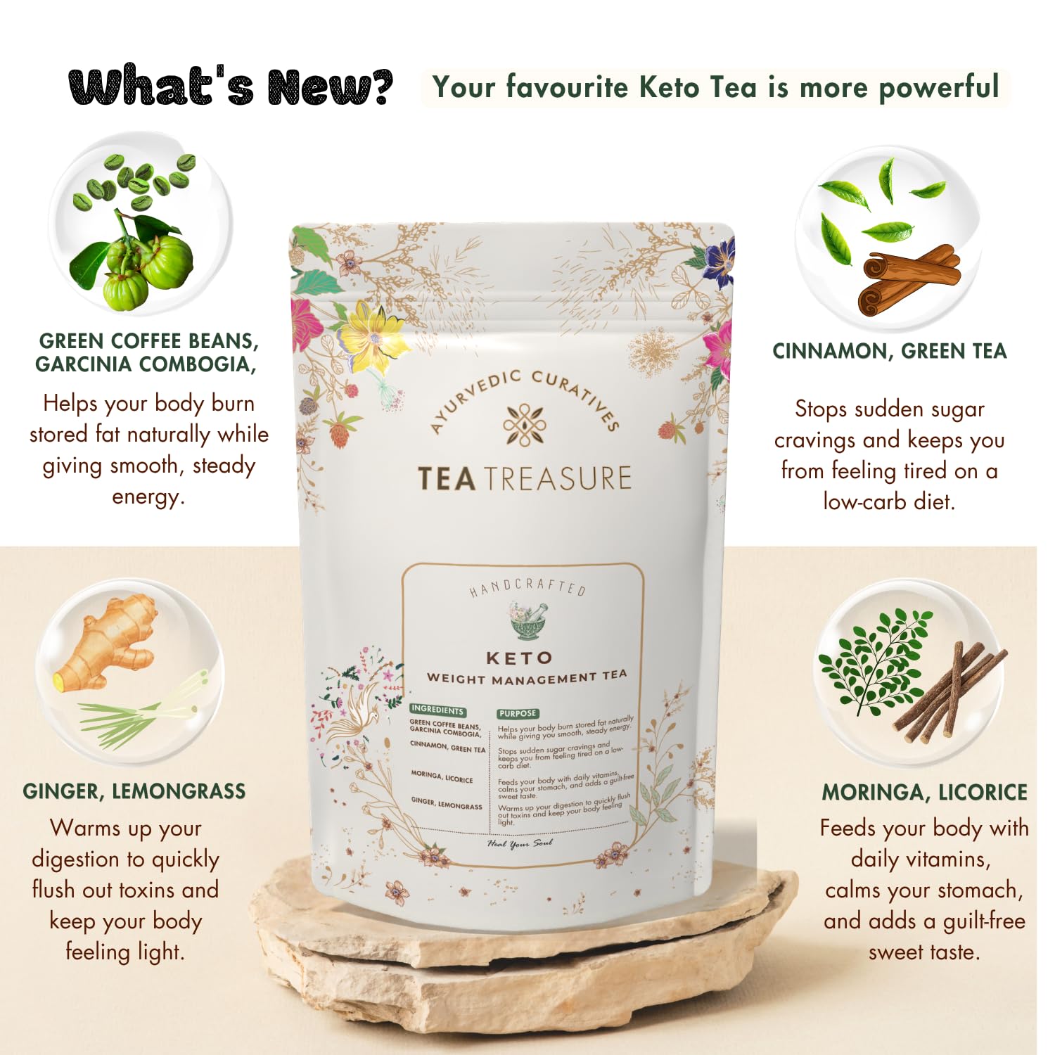 Tea Treasure Handcrafted Keto Weight Management Tea 100g - Coffee, Garcinia Cambogia, Moringa Blend, Low Carb Metabolism Booster, Digestion Support,Caffeine Free Herbal Infusion 1