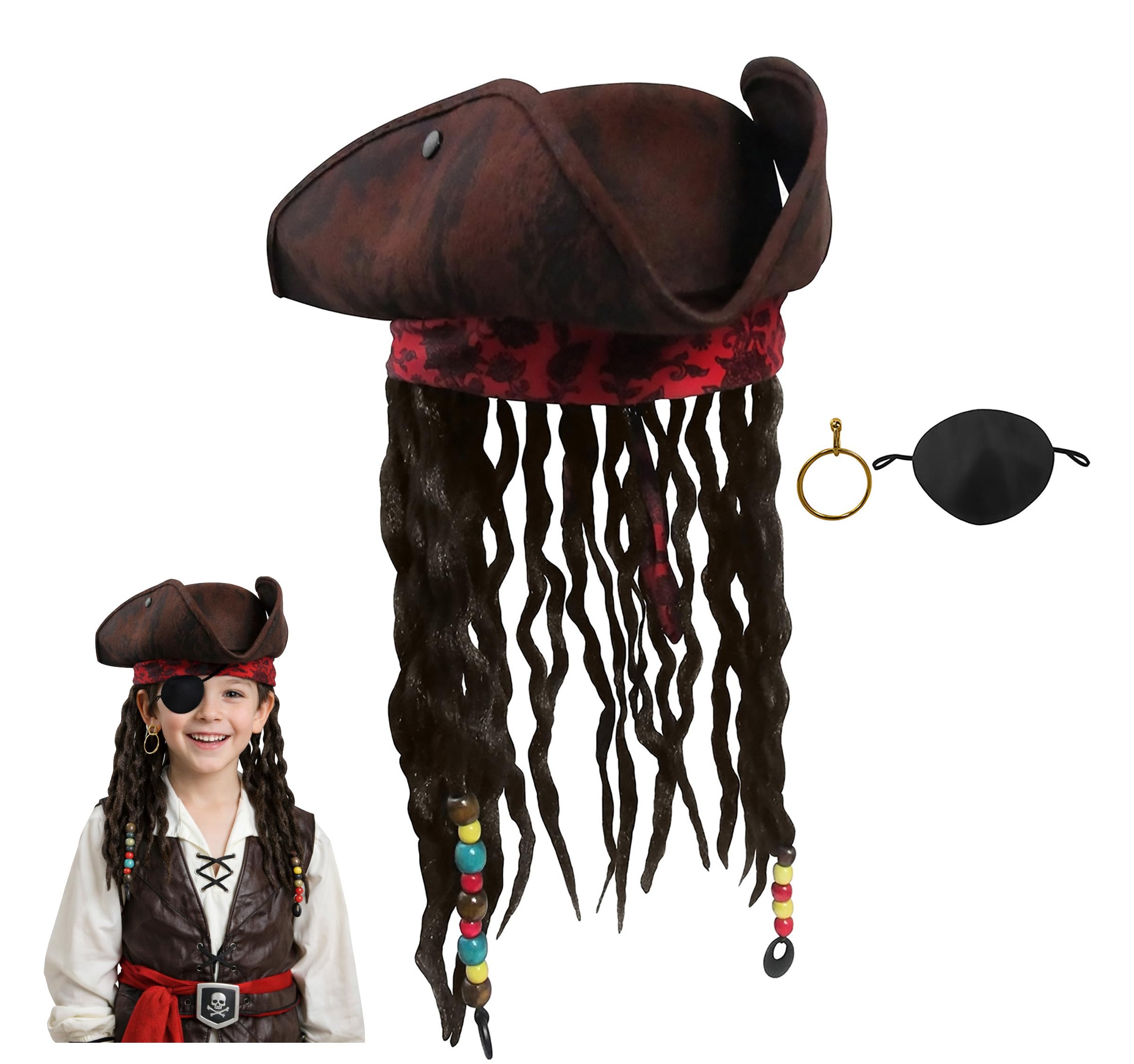 Child Buccaneer Caribbean Tricorn Pirate Hat Dreadlocks Hair Earring Patch Set Brown
