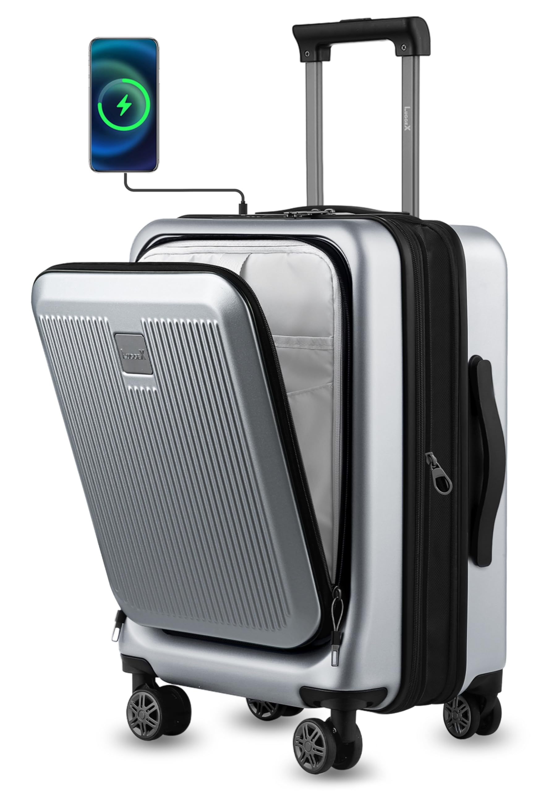 LUGGEX Carry on Luggage 22x14x9 Airline Approved, PC Hard Shell Suitcase with Front Pocket, Expandable Luggage with USB Port (Silver, 20 Inch, 36.7L)