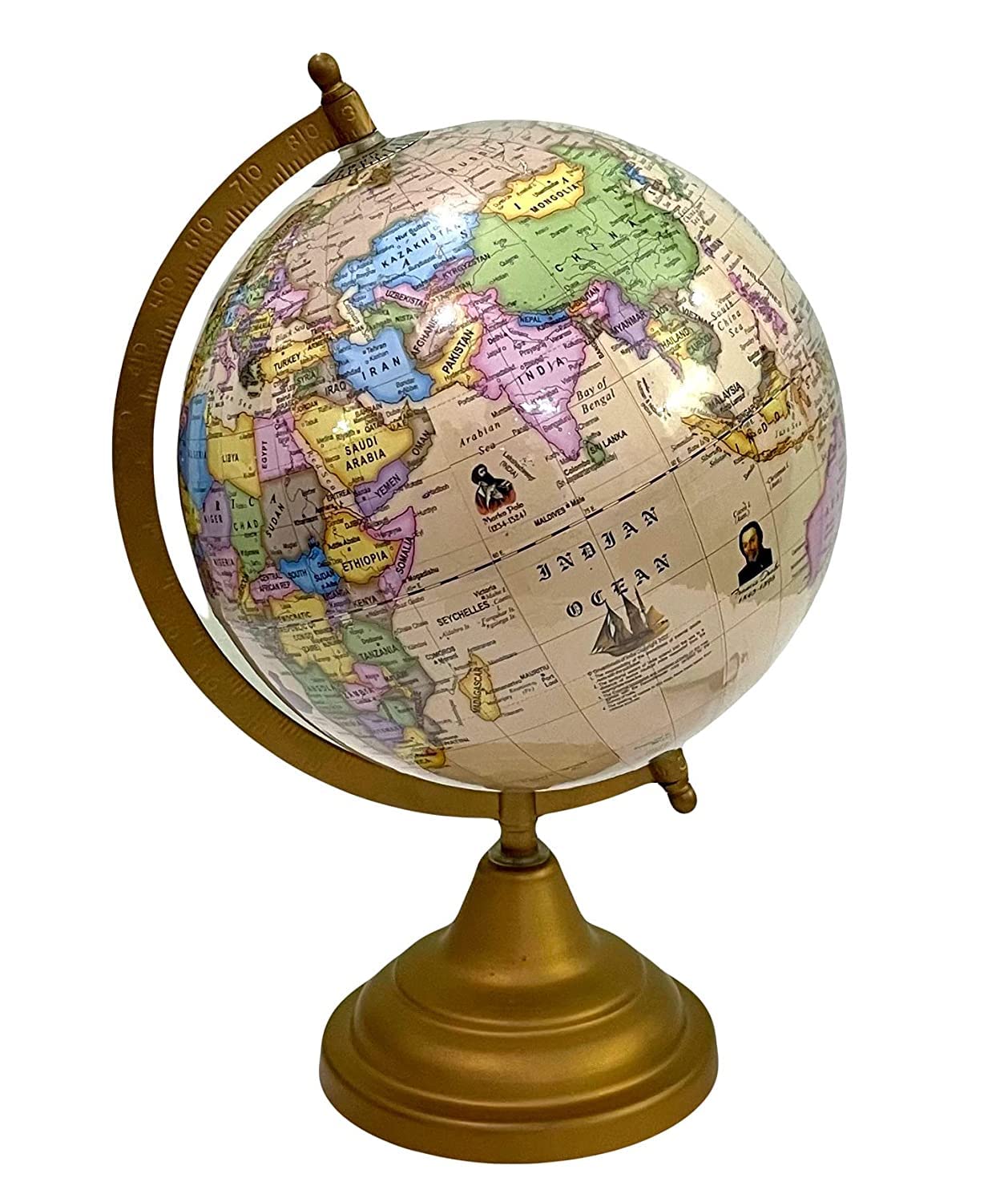 Decorative Educational Globe 10 inches height and 8 Inches diameter Rotating World Globe With Golden Arc and Base (Brown)