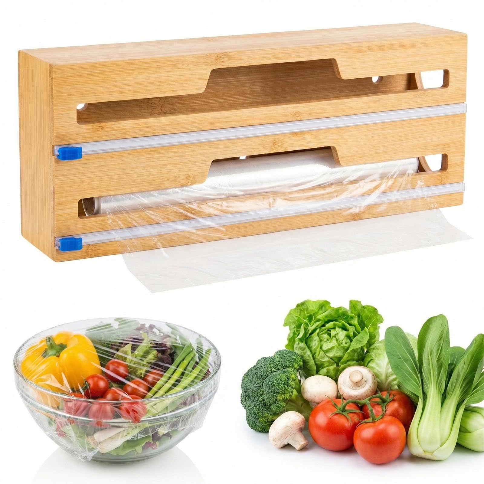 Foil and Cling Film Dispenser Cutter, 2-Roll Bamboo Kitchen Wrap Organizer (Wood color)