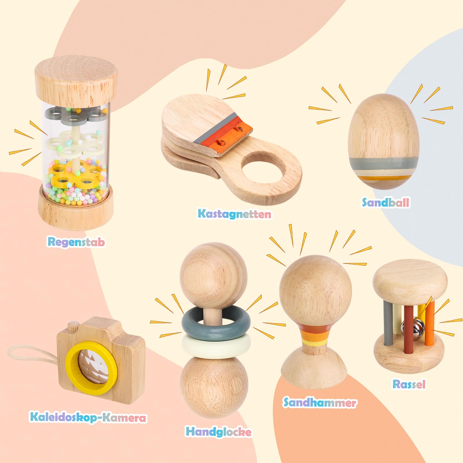 Montessori Holz Baby Spielzeug – 7-teiliges musikalisches Rassel- und Greifset aus Naturholz für 0–12 Monate, ideales Baby-Geschenkset inkl. Stoffbeutel