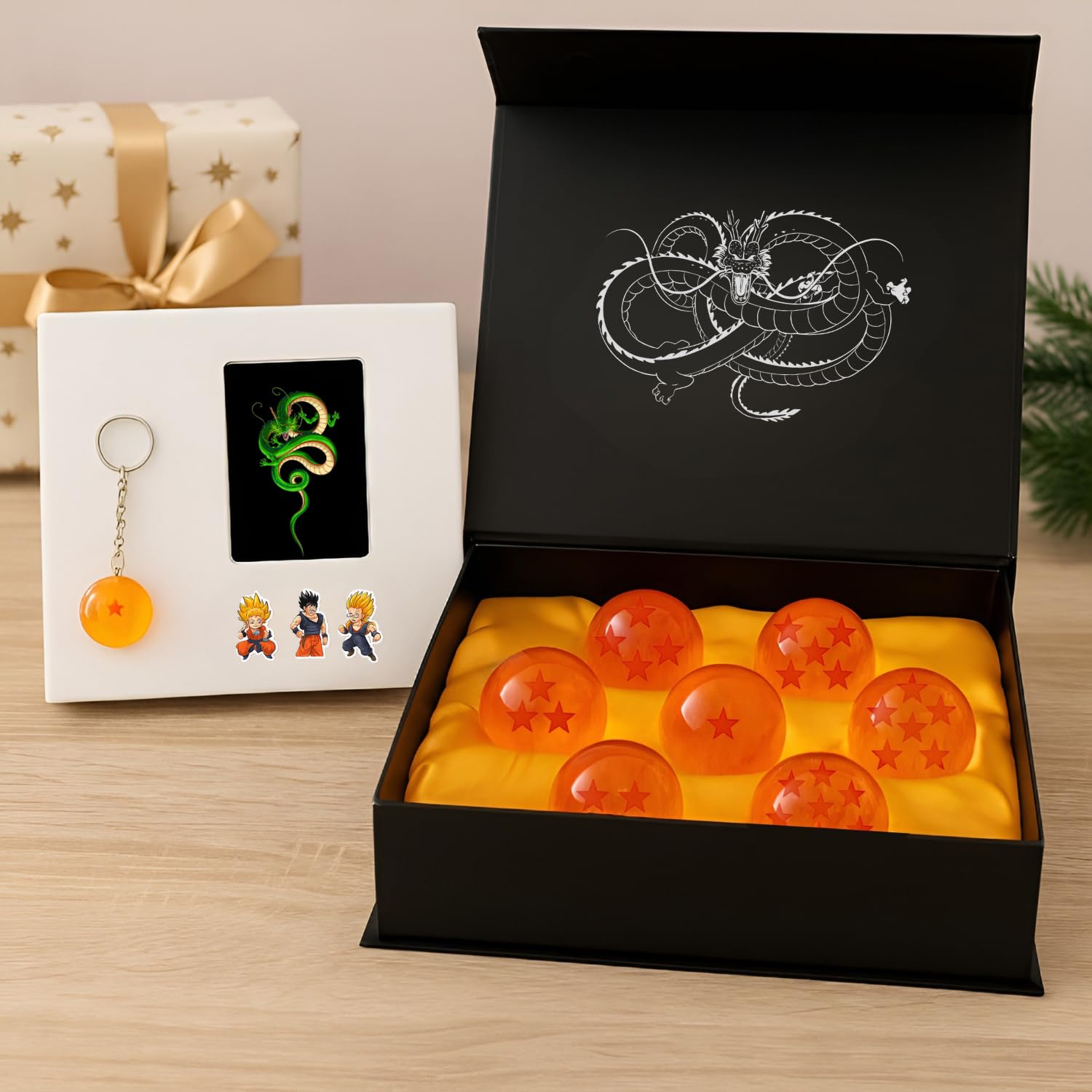 Set di 7 Sfere del Drago (1 a 7 Stelle) con Portachiavi, Adesivi e Carta di Invocazione di Shenlong. Ideale per Collezionisti o Come Regalo per Bambini. Set Sfere del Drago Progettato in Spagna.