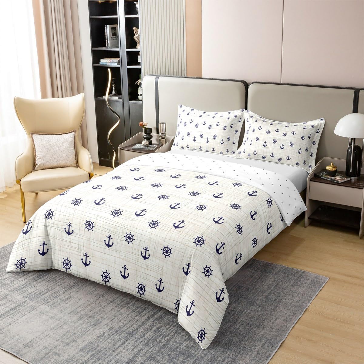 Nautical Anchor 100% Cotton Duvet Cover Twin Size,Coastal Beach Bedding Set 2Pcs for Kids Girls Boys Room Decor,Rustic Sketch Grid Comforter Cover Navy Blue Rudder Quilt Cover,1 Pillowcase