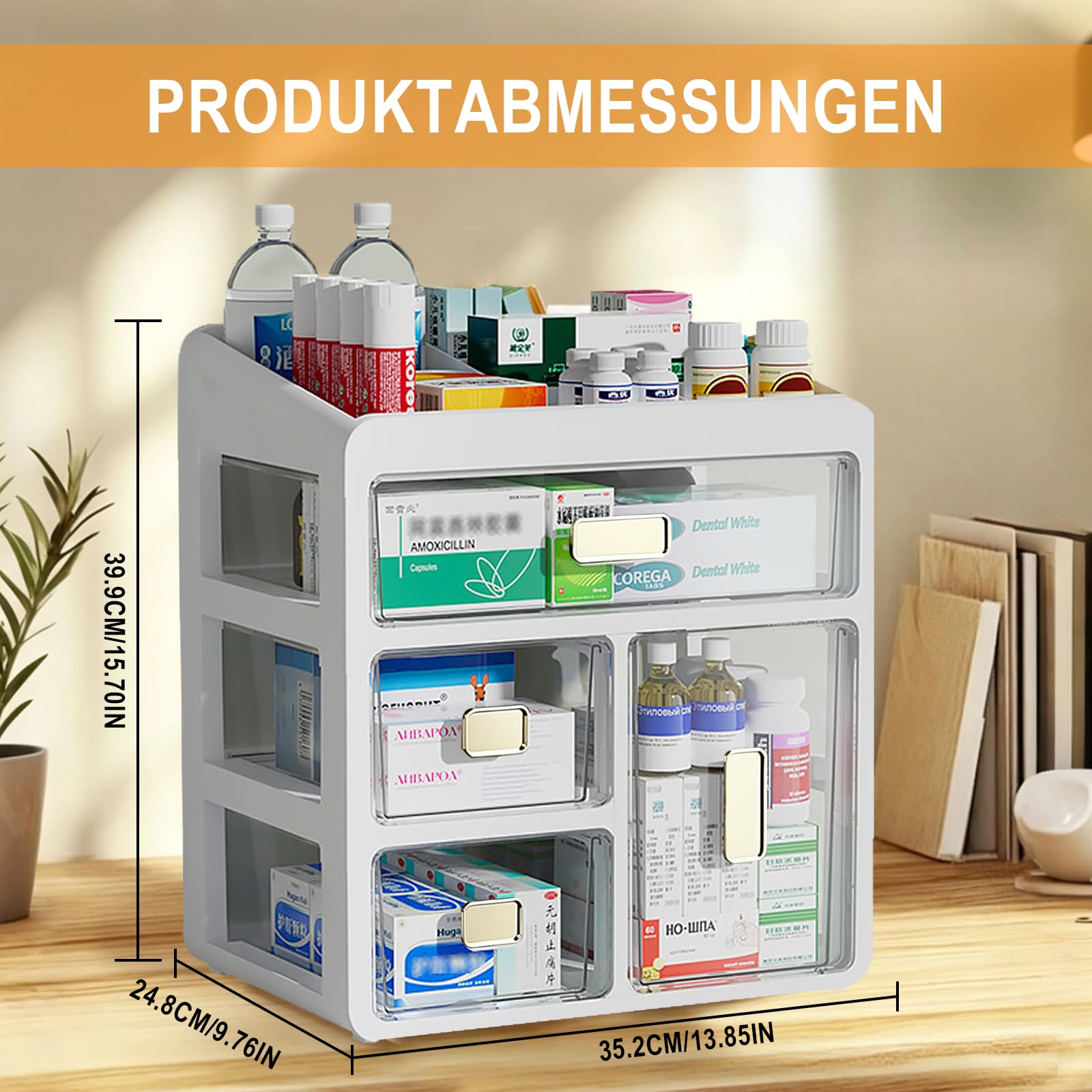 Armario de medicamentos de 4 niveles con cajones, organizador de botiquín, caja de medicamentos de polipropileno, caja de almacenamiento para medicamentos, cosméticos y piezas pequeñas