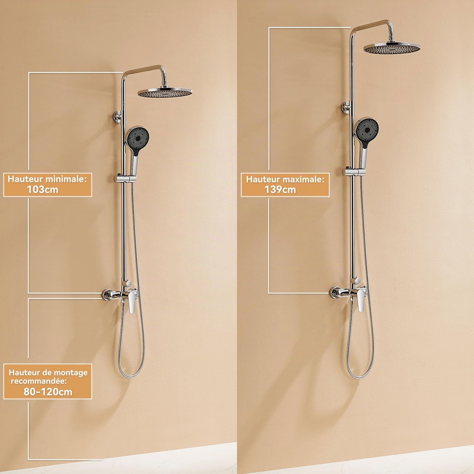 Auralum Colonne de Douche avec Mitigeur Hauteur Réglable 1-1,4 m, Mitigeur de Douche avec Plafonnier 26 x 26 cm et Douchette Manuelle 3 Fonctions pour Salle de Bain