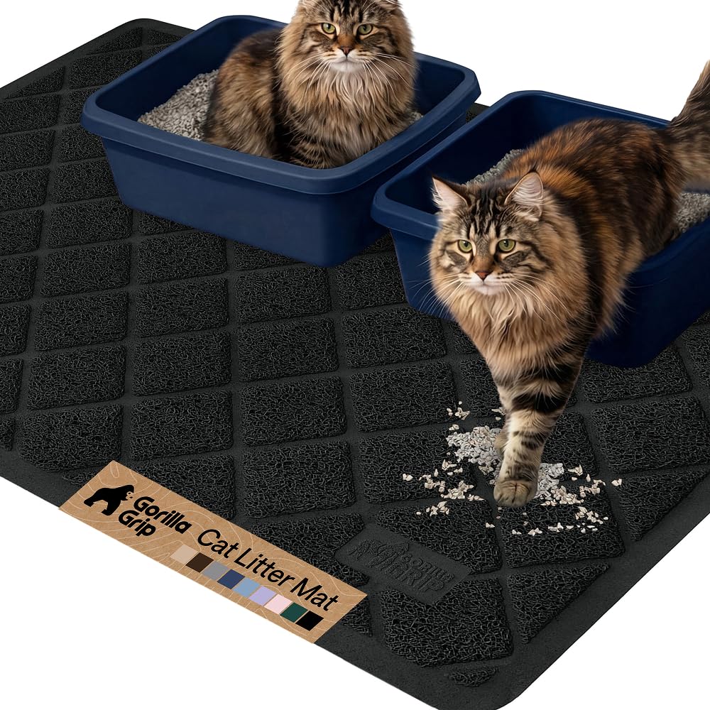 The Original GORILLA GRIP Water Resistant Cat Litter Box Trapping Mat 47x35, Easy Clean, Textured Backing, Traps Mess for Cleaner Floors, Less Waste, Stays in Place for Cats, Soft on Paws, Black