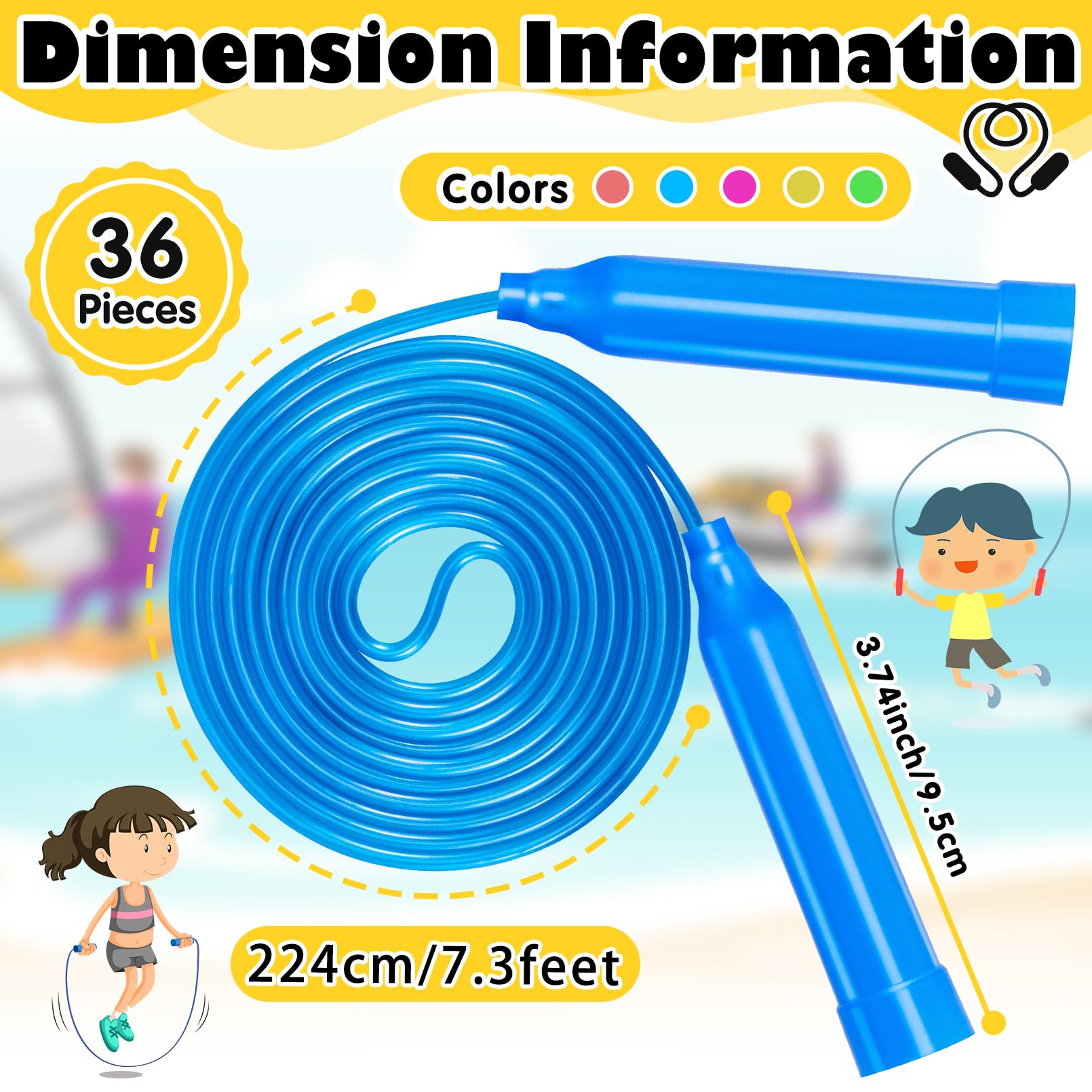 Dyrfolm 36 Pack Kids Jump Ropes, 7.3 Feet Colorful Adjustable Jump Ropes for Kids, Party Favors & Birthday Gifts, Indoor & Outdoor Activity