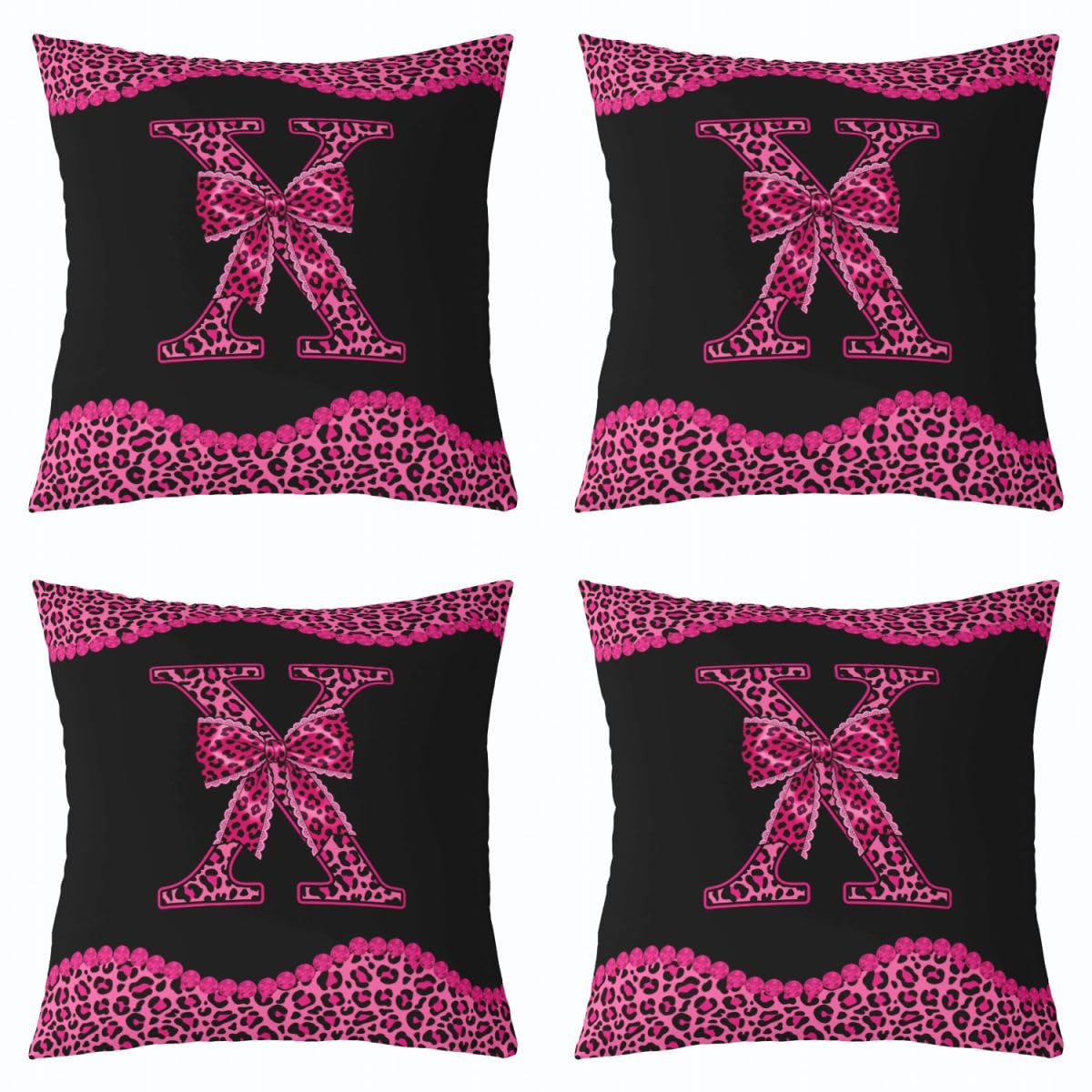 Loussiesd Juego de 4 fundas de cojín cuadradas con diseño de lazo de guepardo de 50 x 50 cm, fundas de cojín cuadradas con inicial en X, funda de cojín para sofá, decoración de dormitorio