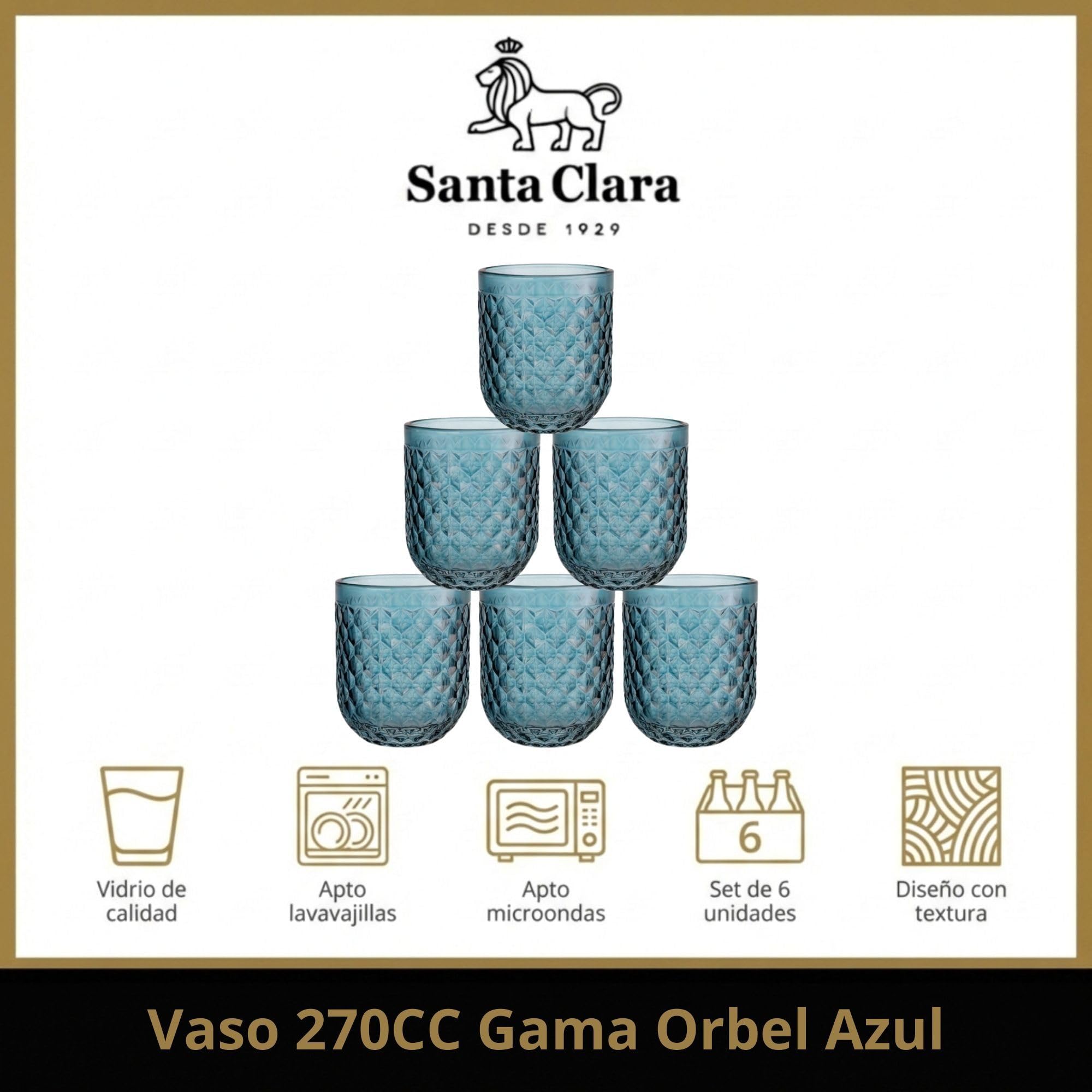 INDE SANTA CLARA | Set 6 Vasos de Cristal Agua 270cc Orbel Azul, Vasos Agua de Vidrio Relieve Azul, Aptos Lavavajillas y Microondas
