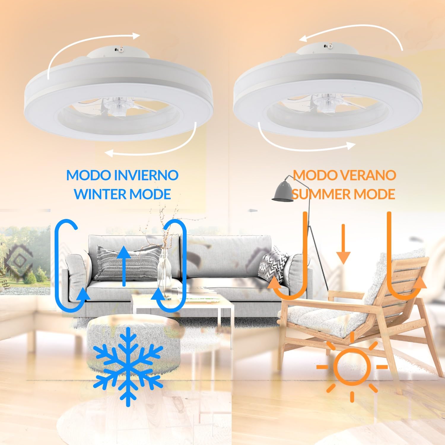 M mimotec - Ventilador de Techo LED Venecia 36W CCT, Motor DC Silencioso, 3600 lm, 6 Velocidades, Control Remoto, Función Verano/Invierno, Temporizador, Luz Regulable 3CCT.