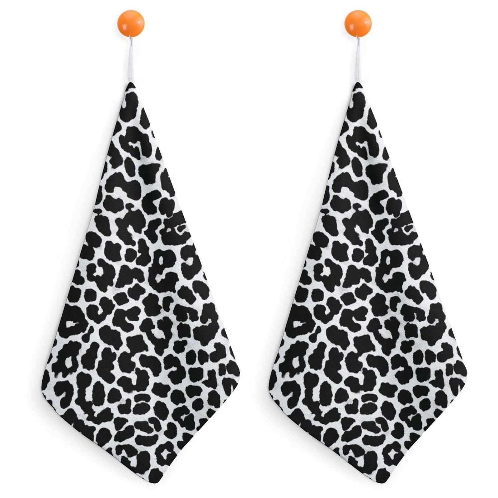 Jubonexis Black And White Leopard Print Simple Small Hand Towel with Hanging Loop 2 PCS Absorbent Soft Wash Cloth for Kitchen Bathroom
