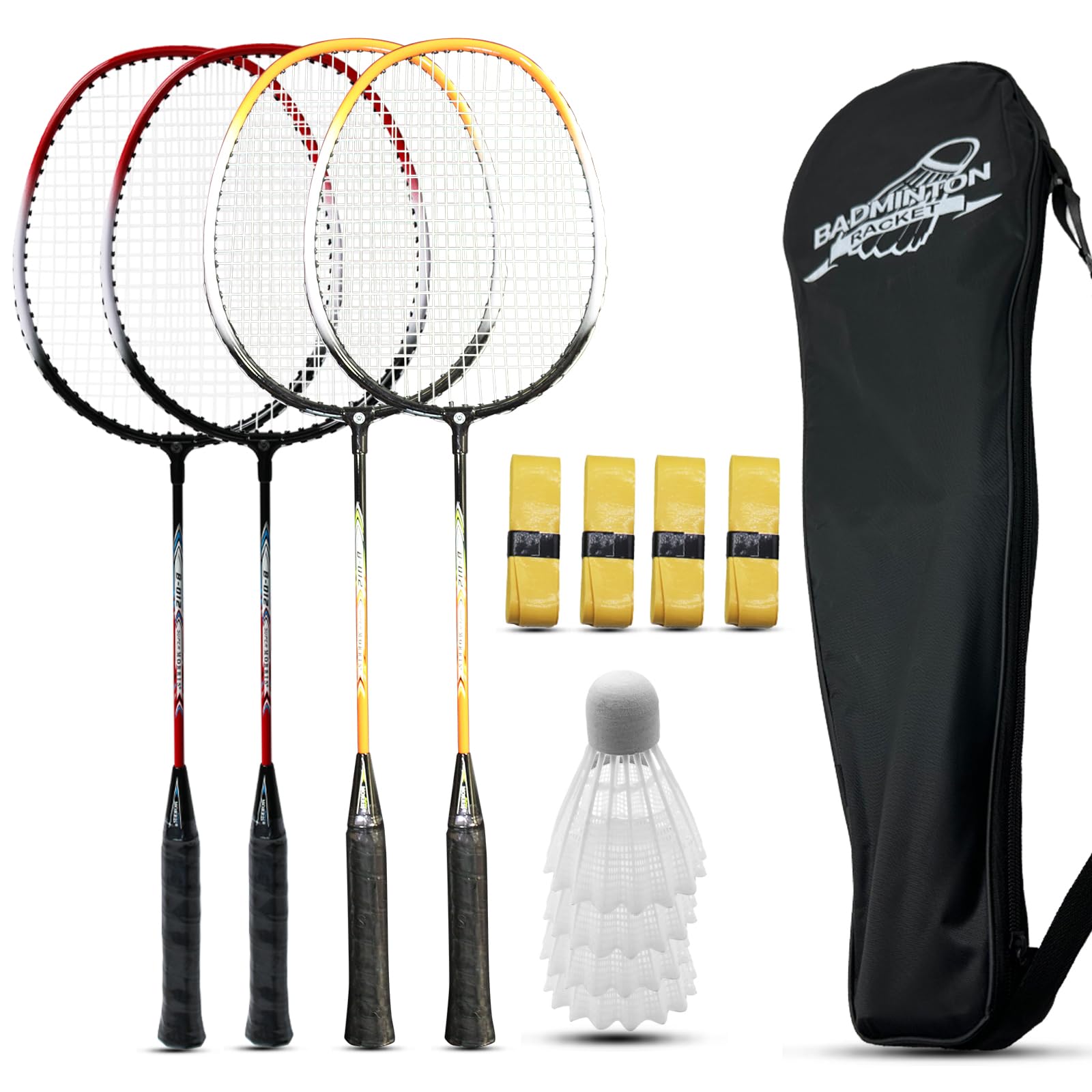 Magicorange Badminton Rackets Set of 4 for Outdoor Backyard Games, Including 4 Racquets,4 Shuttlecocks, 4 Replacement Grip Tapes & 1 Carry Bag