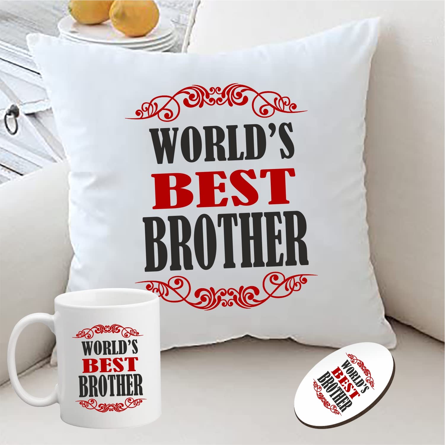 PICRAZEE “Worlds Best Brother” Gift for Brother on Birthday | Raksha Bandhan (1 pc12”x12” Satin Cushion with Filler, Coffee Mug&Fridge Magnet) (Worlds Best Brother) (B09XK4GWPY) Amazon Price History, Amazon Price Tracker